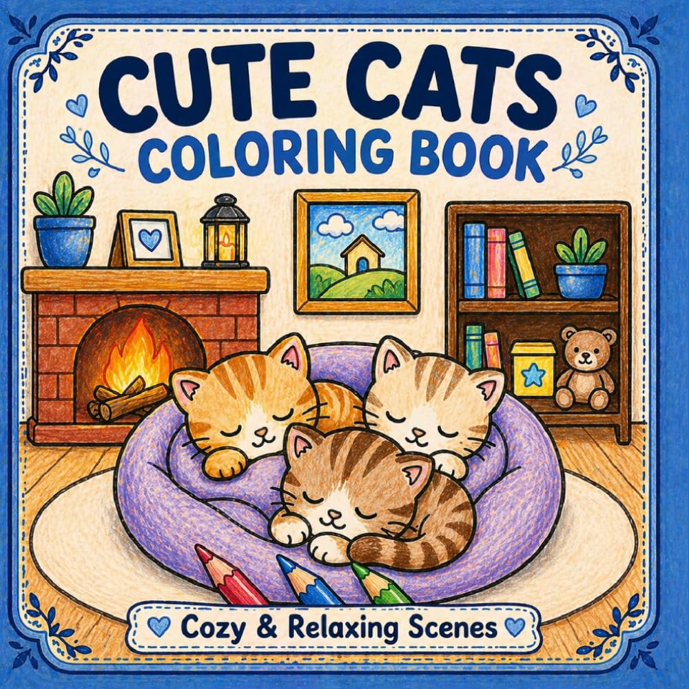 Cute Cats Coloring Book: Easy & Relaxing Cat Scenes for Stress Relief, Cozy Coloring for Teens & Adults, Bold and Simple Designs