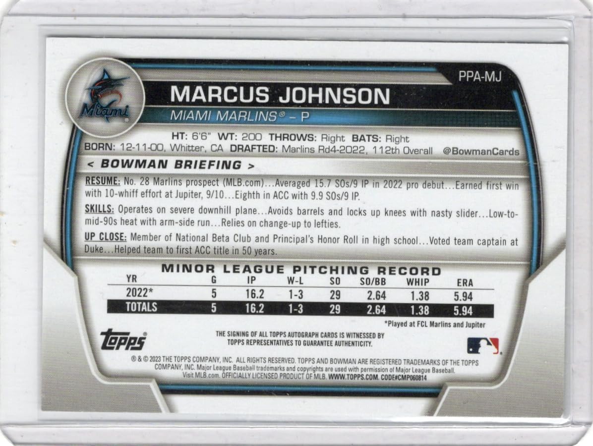 Marcus Johnson Autograpghed 1st Bowman Card Bowman Chrome Prospect Autograph Special Insert Collectible Baseball Card - 2023 Bowman Chrome Baseball Card #PPA-MJ (Marlins)