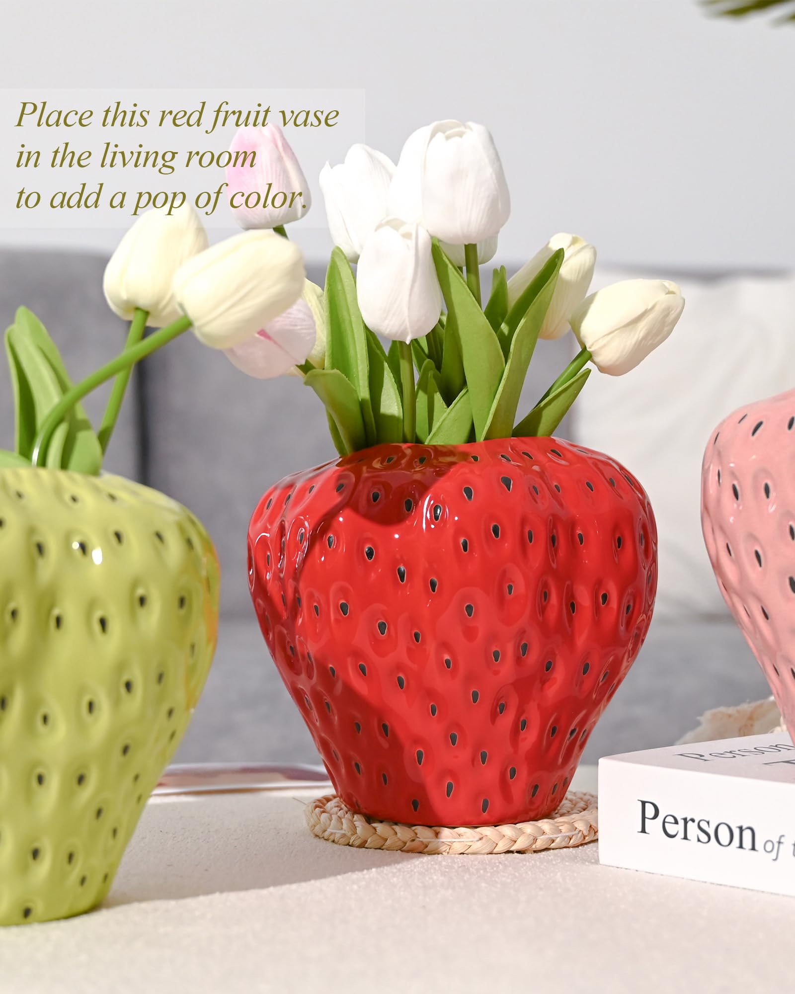 Florero de fresa roja, jarrones de cerámica de fresa para decoración colorida del hogar, bonito jarrón decorativo para decoraciones de fiesta de fresa 5