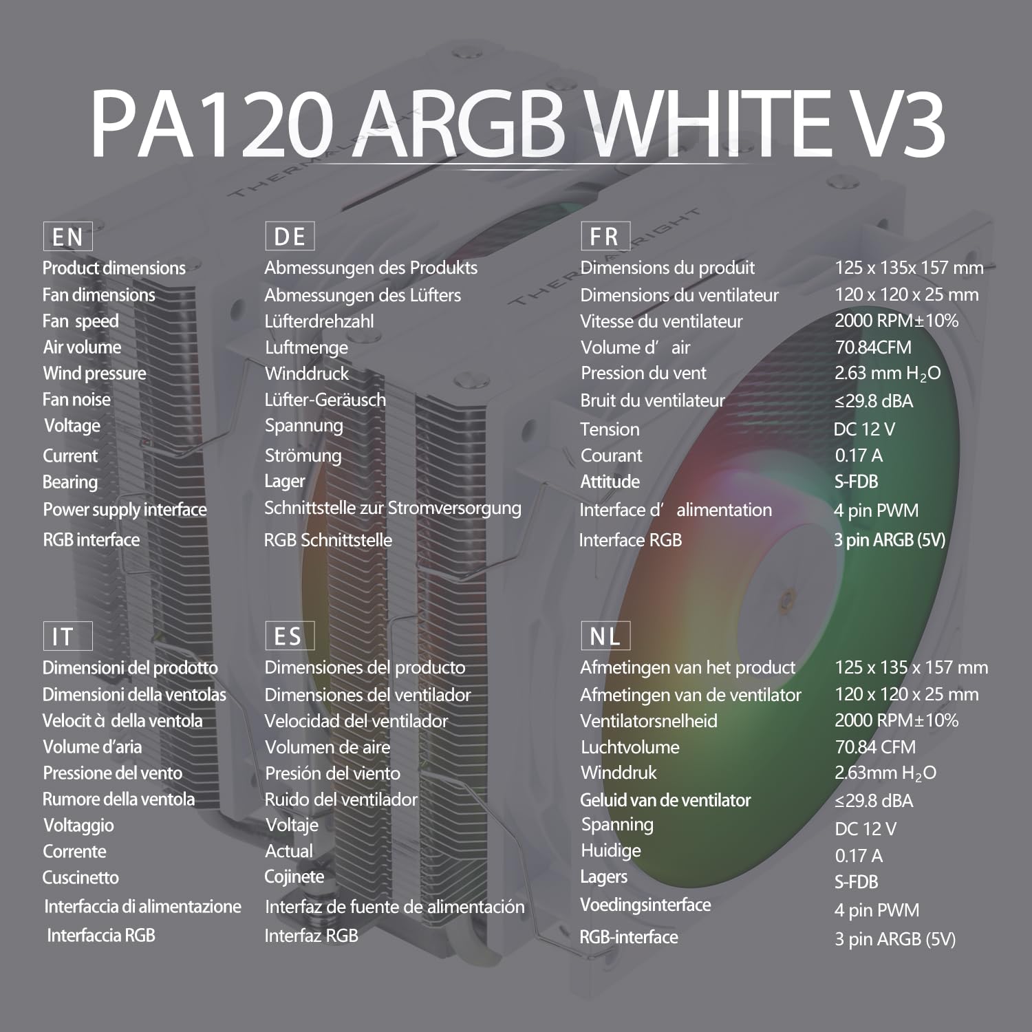 TR-Thermalright Peerless Assassin 120 ARGB White V3 - Refrigeratore CPU a doppia torre con 6 tubi di calore, con copertura superiore bianca, due ventole CPU da 120 mm, 2000 giri/min, per AM5/AM4