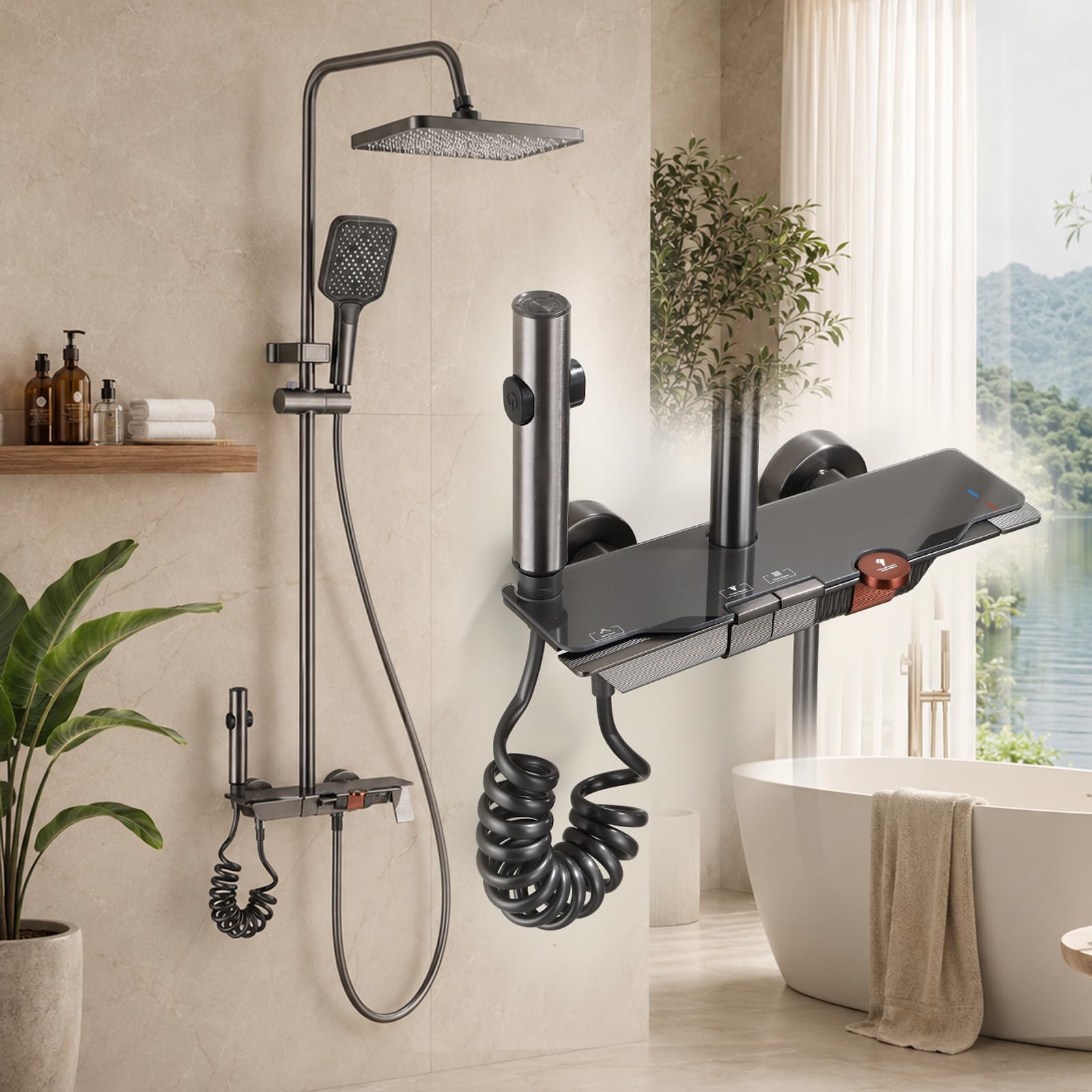 Sistema de ducha con ducha de lluvia, columna de ducha con cabezal ABS y alcachofa de mano, Diseño de botones redondos en un elegante color rojo, D2