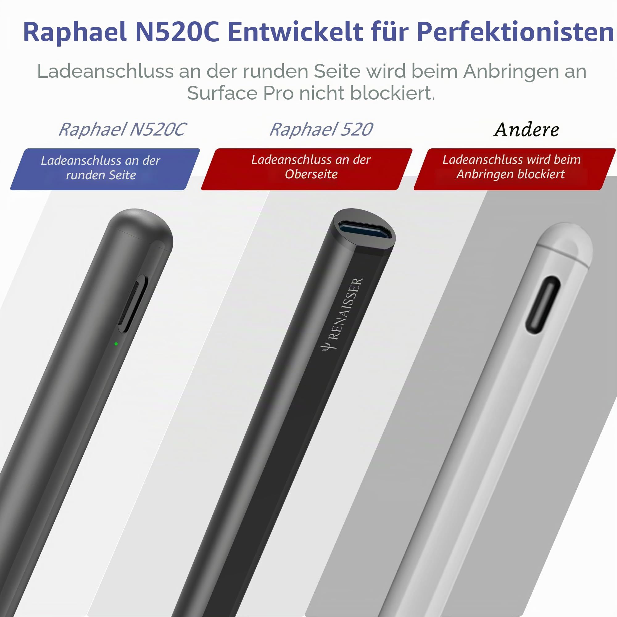 Taiwan RENAISSER Surface Pen, Raphael N520C, Entworfen in Houston, 4096 Druck- und Neigungsempfindlichkeit (MPP2.0), Stift kompatibel mit Surface Pro/Book/Studio/Go, superleicht, Nicht-magnetisch | MPP 2.0 Stylus, 4096 Druck, Neigungsempfindlichkeit, ultr