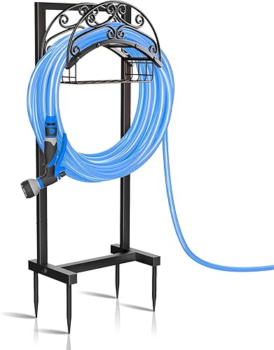 Soporte para manguera de jardín, soportes de manguera de agua independientes para exteriores con cesta de almacenamiento, soporte de manguera