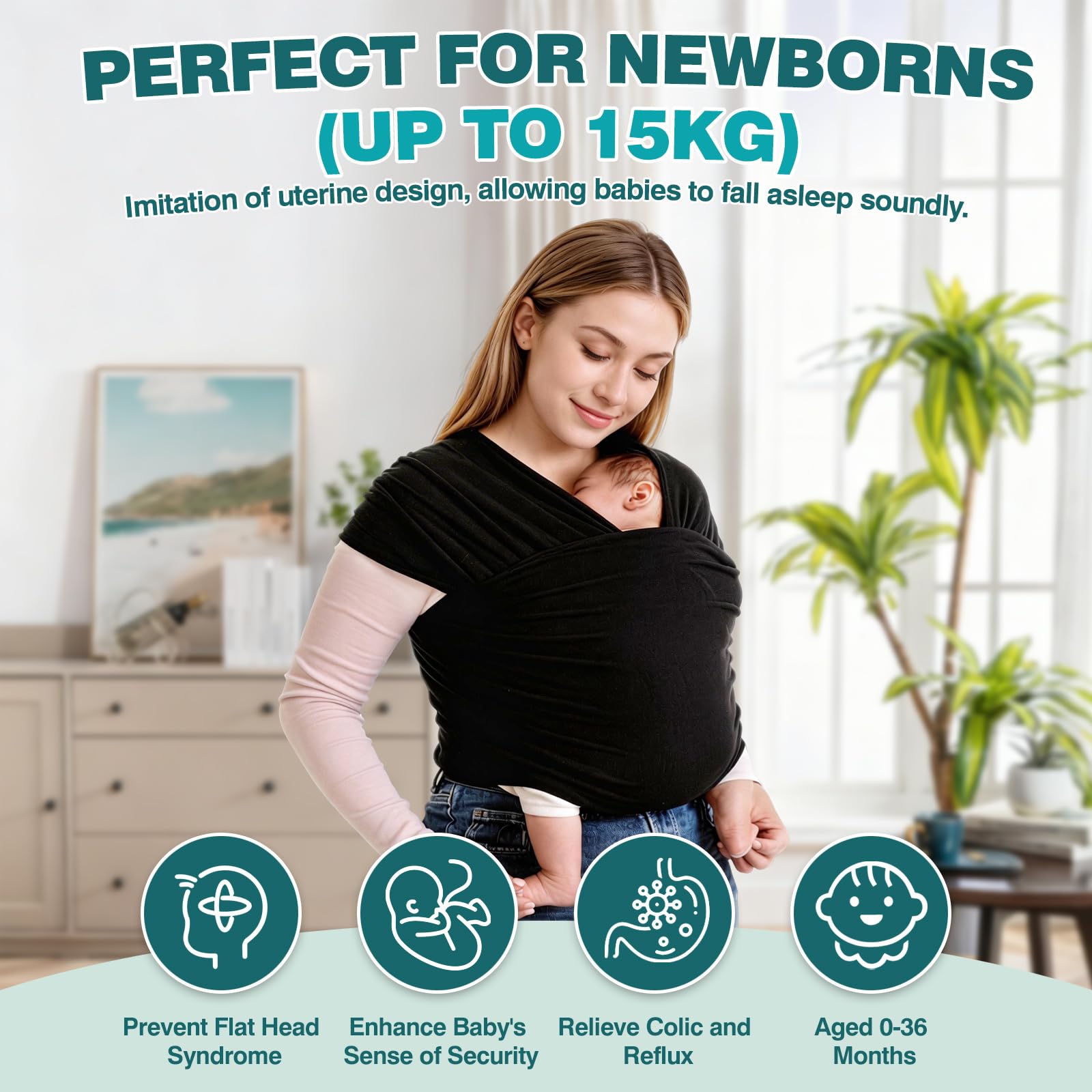 Fular Portabebé para recién nacidos, Pañuelo Porteo Ergonómico, Bufanda de transporte manos libres ligera, Porta Bebés de Tela Suave y Elástico, Fular Porteo Mochila multiusos apropiada hasta 15 kg - 3