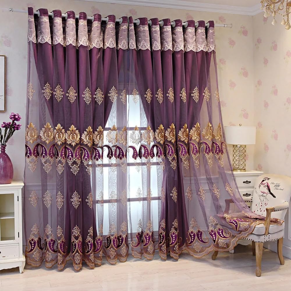 Amidoudou 1 Pair European Double Layer Curtains with Valances for Living Room Bedroom Luxury Embroidered Blackout Curtains (Purple,66 x 90 Inch)