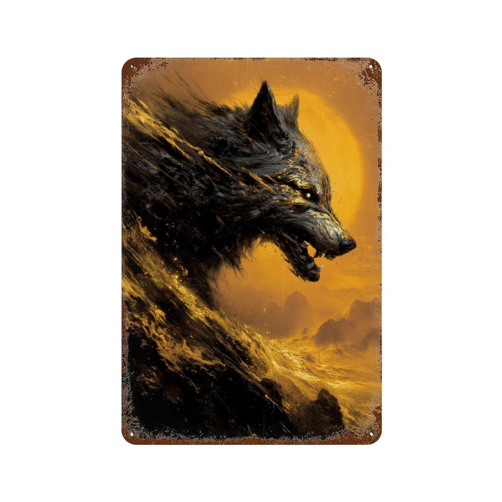 Golden Wolf Roar Rusty Metal Tin Sign 11.8"x7.9", Ideal for Patio, Garden Room And Bar Decor