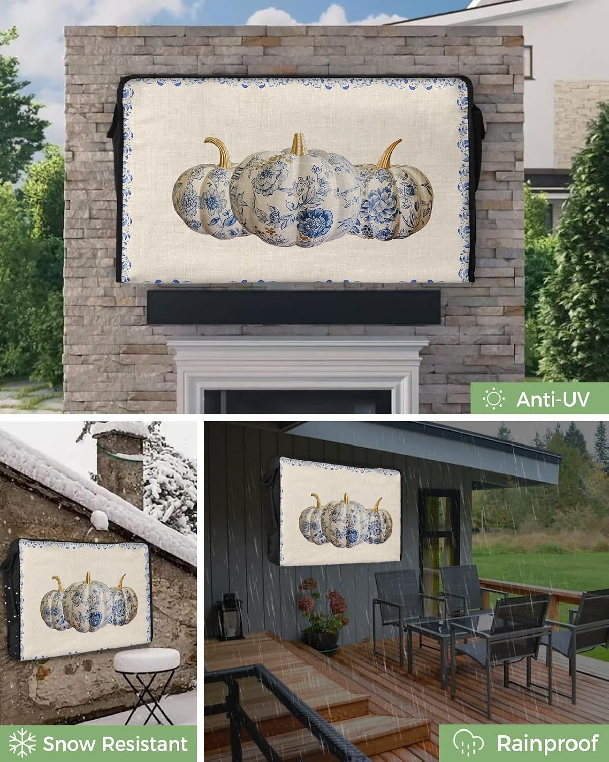 Outdoor TV Cover - Fall Thanksgiving Pumpkin with Floral Vintage Blue and White Porcelain Waterproof and Weatherproof 60"-65" LCD Movable Shield TV Display Screen Protector Outside Television Covers