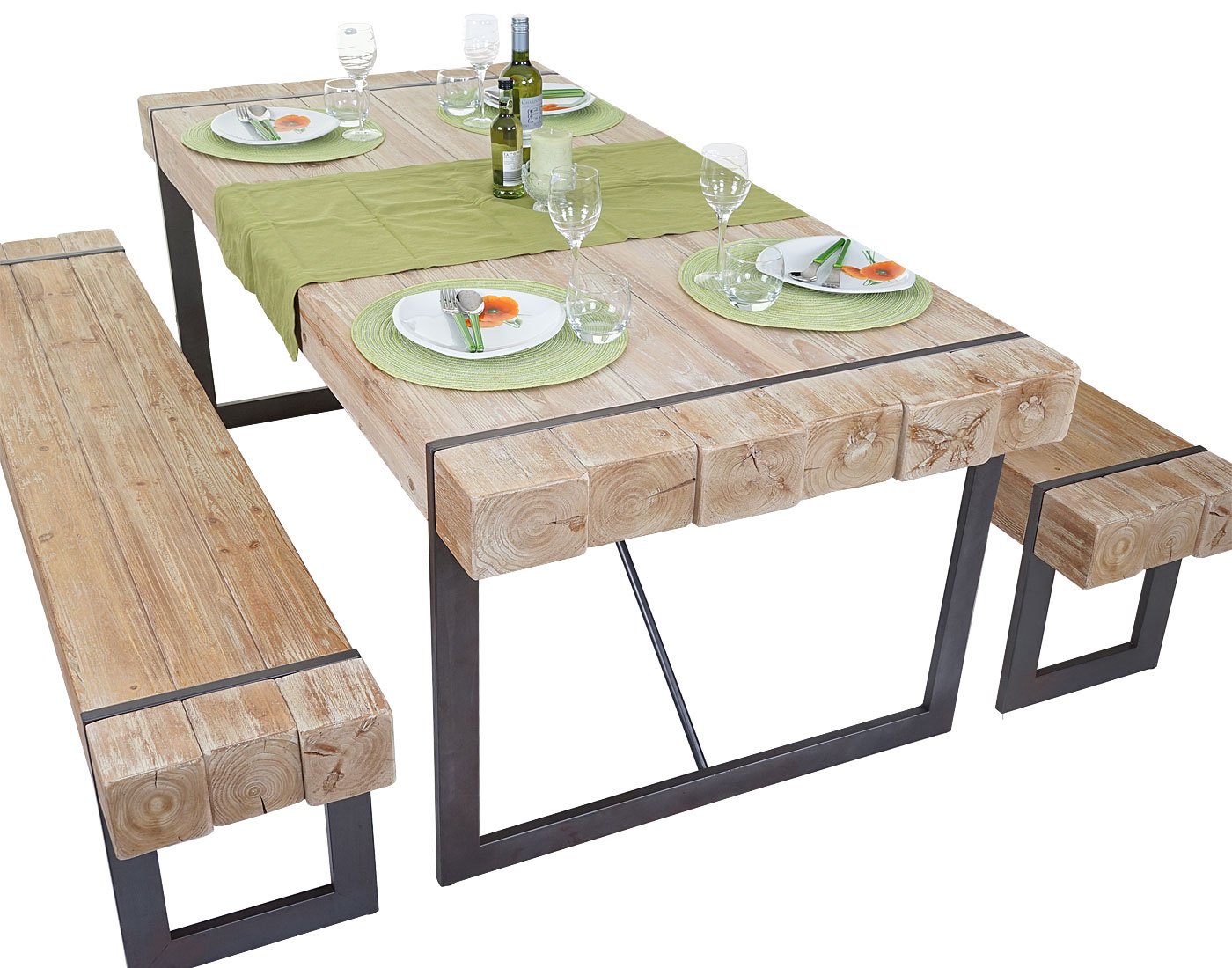 Mendler Comedor HWC Cortex-A15, Comedor + 2 x Asiento Banco, Madera Maciza, Abeto rústico