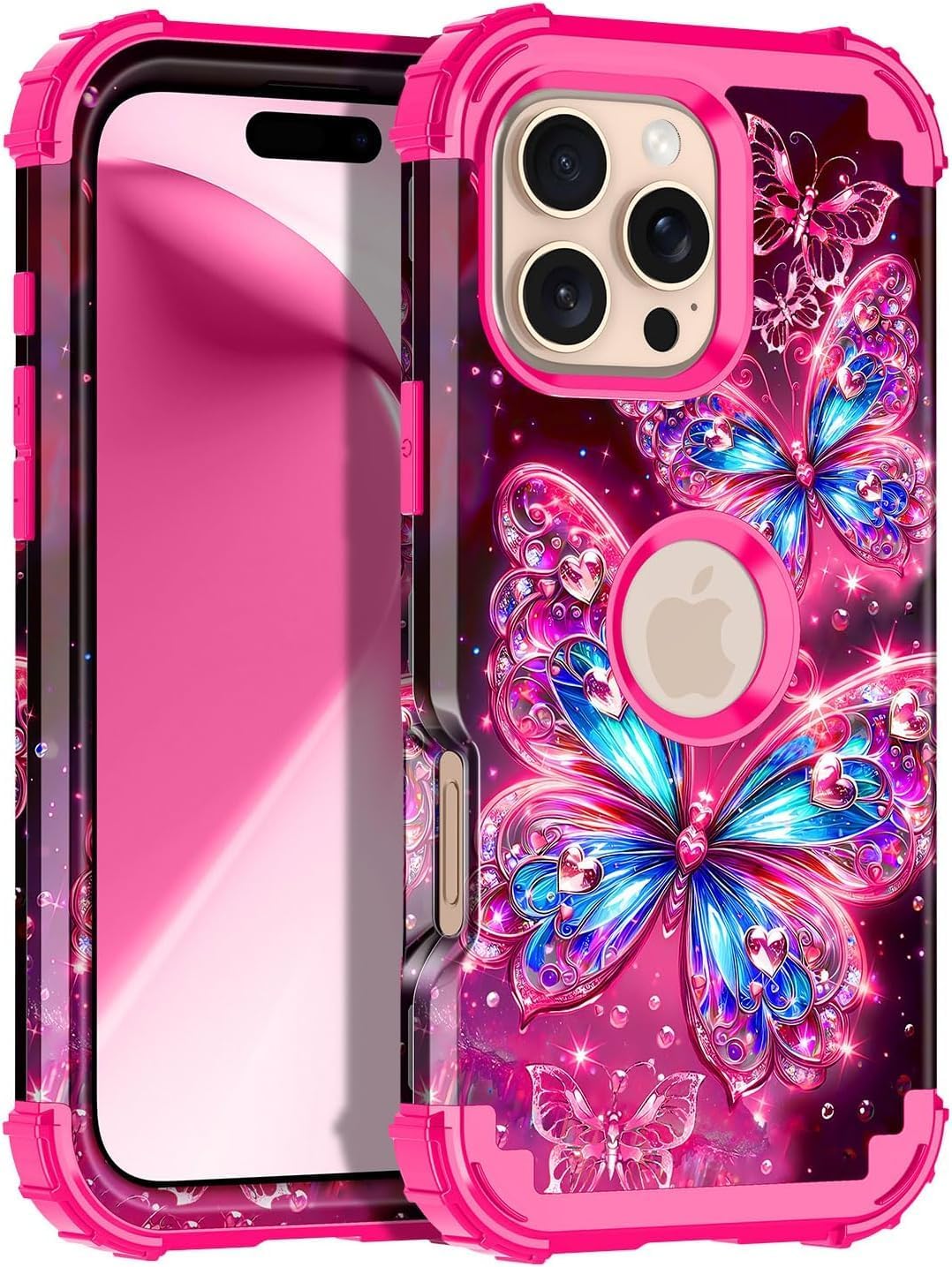 Casetego for iPhone 16 Pro Max Case,Glow in The Dark Three Layer Heavy Duty Sturdy Shockproof Full Protection Rugged Hard PC+Soft TPU Bumper Case for Apple iPhone 16 Pro Max 6.9 inch,All Butterfly