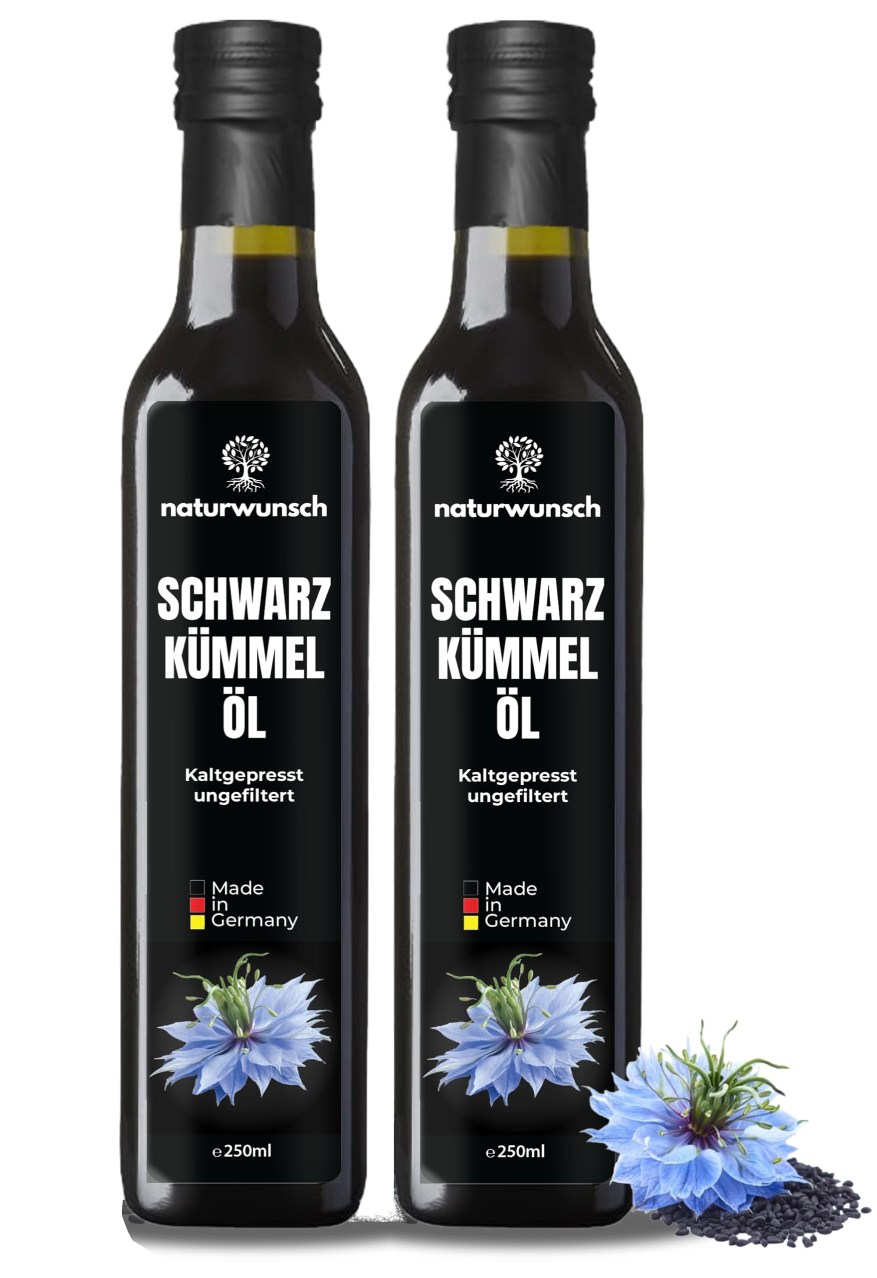 naturwunsch Olej z czarnuszki, 2 x 250 ml (500 ml), niefiltrowany, tłoczony na zimno, świeży z Niemiec, satywa z czarnuszki, 100% czysty
