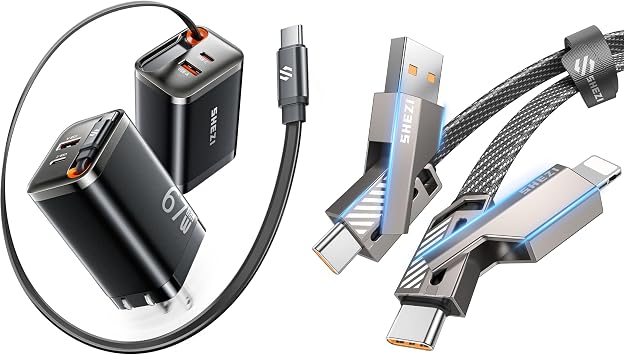 SHEZI 67W GaN USB C Charger Black with 5FT 60W 4 in 1 Flat Nylon Braided Charging Cable Grey