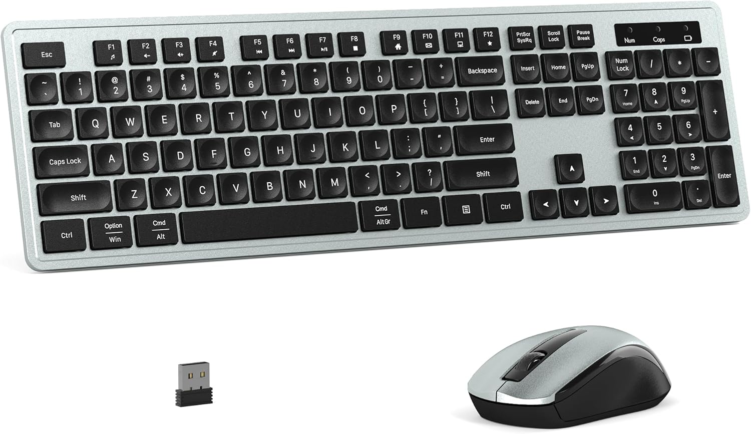 MPTOG Wireless Keyboard and Mouse Combo, Full-Size 104-Key Office Keyboard with 15 Function Keys, Numeric Keypad, Single USB Receiver, Compatible with PC and Laptop(Gray)