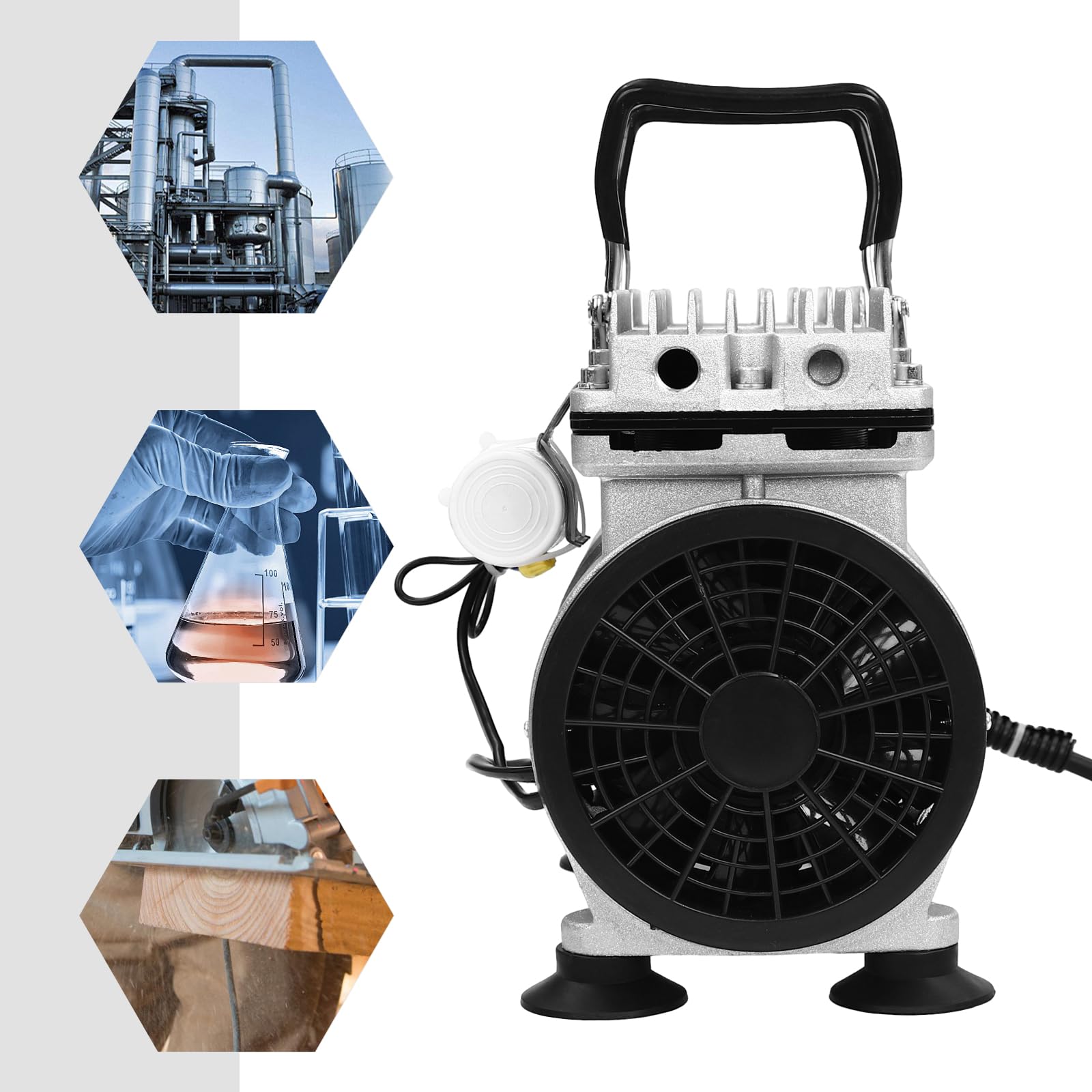 Ölfreie Vakuumpumpe 550W 1400U/Min Doppelkolben, 120L/Min Saugleistung, Max. Unterdruck -93kPa, 52dB Leise, Mit Überhitzungsschutz, Aluminiumlegierung, Silber