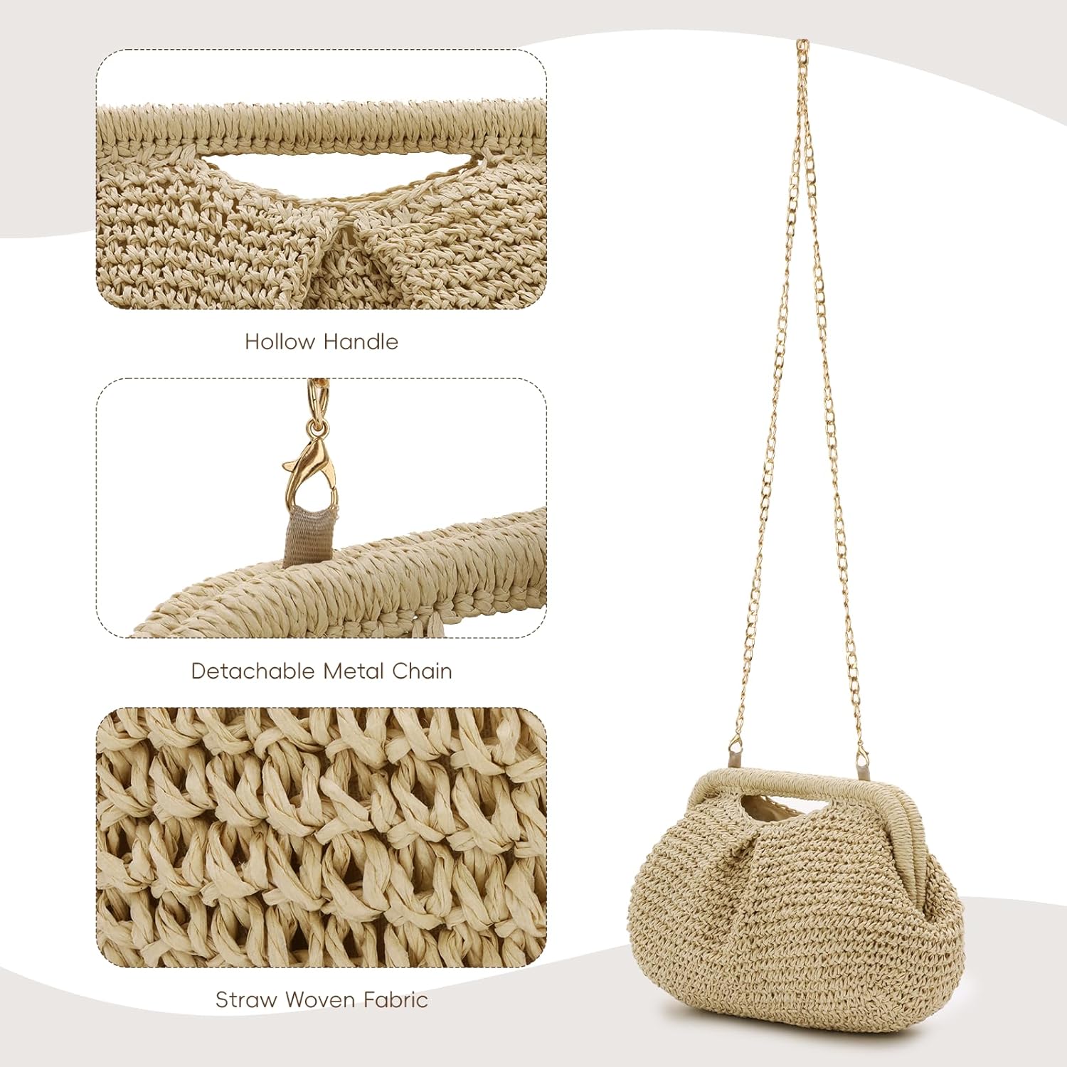 KUANG! Clutch Purses for Women Straw Woven Cloud Dumpling Bag Summer Beach Straw Clutch Crossbody Shoulder Handbag