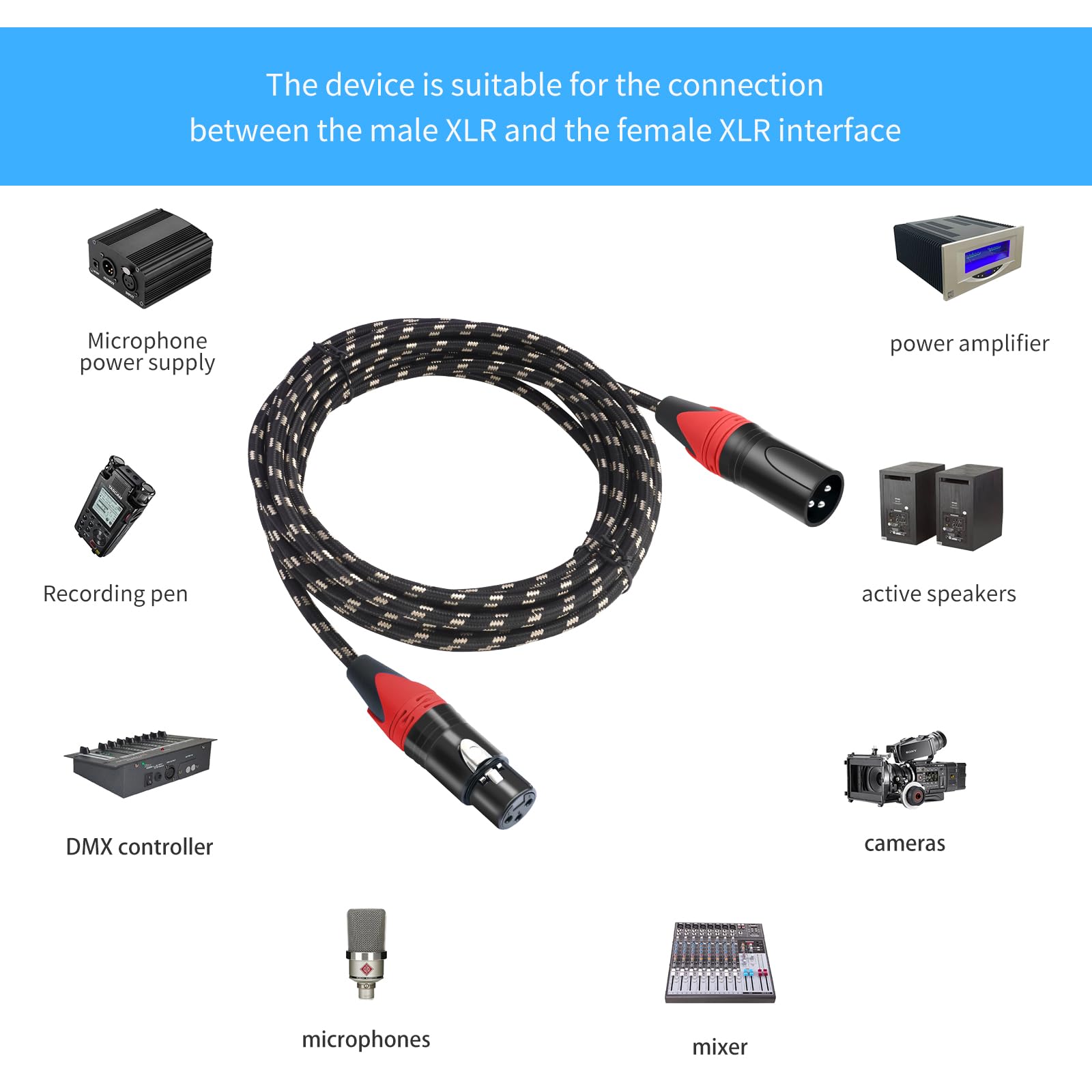 XLR-Kabel, 15,2 m, 2 Packungen – Premium symmetrisches Mikrofonkabel mit 3-poligem XLR-Stecker auf Buchse, Mikrofon-Lautsprecherkabel, schwarz-weiße Gitterschicht, reines Kupfer und