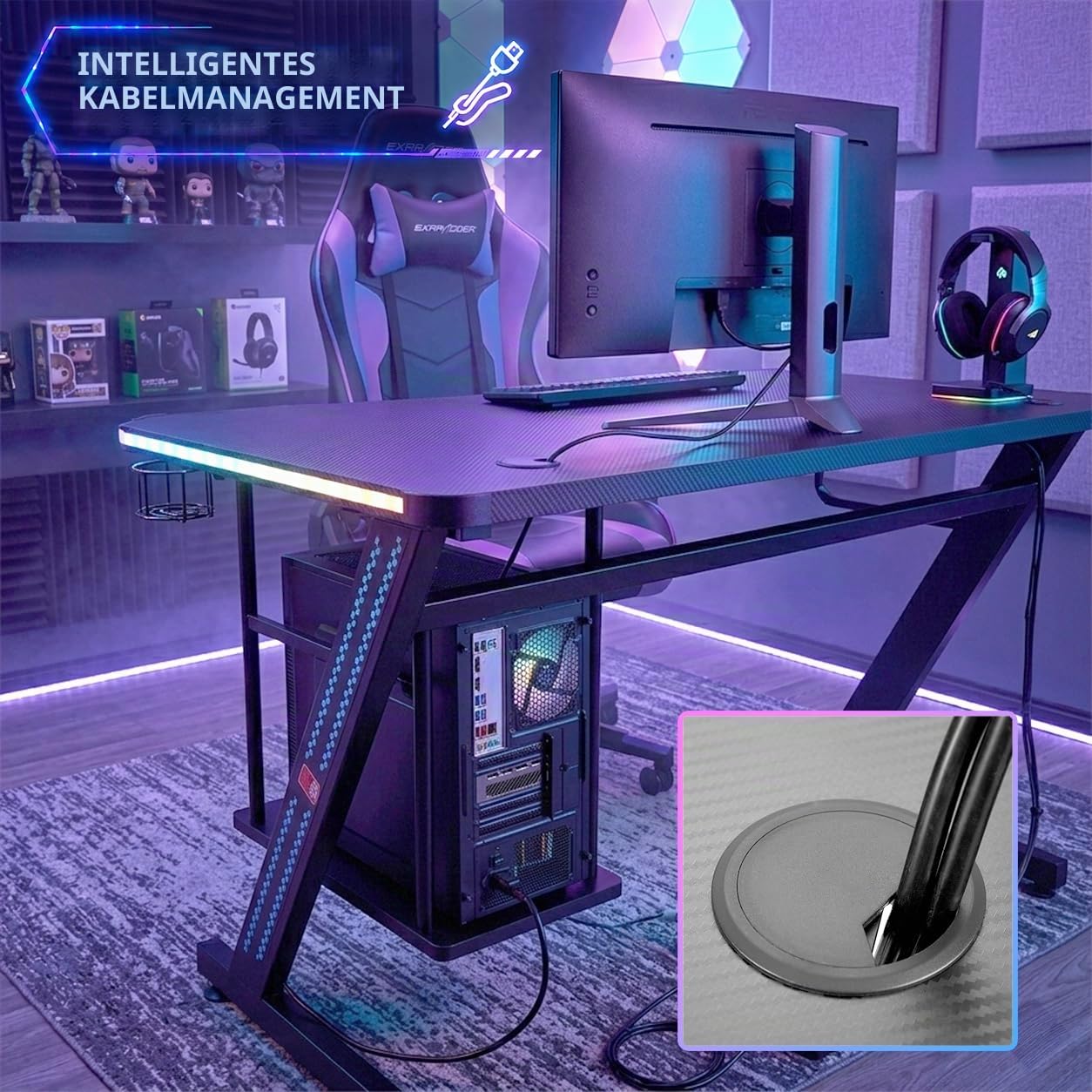 MY SIT Gaming Tisch Gizmo mit Farbwechsel LED Beleuchtung - Kopfhörerhalter PC-Halter und Getränkehalter - Leistungsstarkes Kabelmanagement - Gamer Schreibtisch Gaming Computertisch in Schwarz