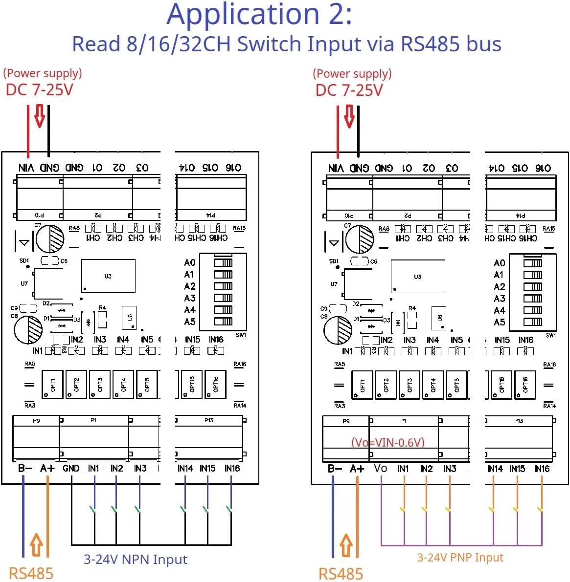 Wiring Diagram for Reading NPN Switch Input via RS485 bus