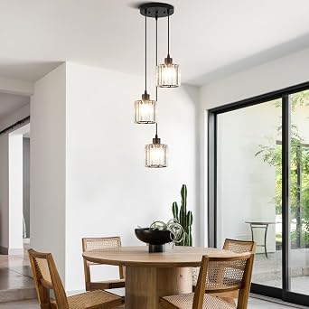 3-Light Crystal Pendant Ceiling Light Modern E27 Adjustable Drop Black | Black Chandelier Pendant Light Fittings, Dimmable, Hanging Ceiling Light for Kitchen Dining Room Living Room Bar, 60W * 3