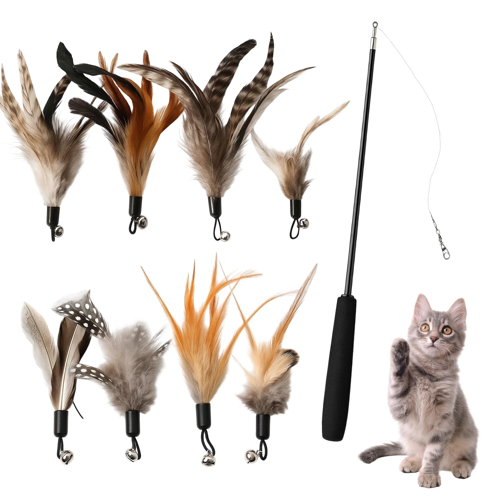 YcsRnn Cat Feather Wand, 9-Piece Cat Teaser Toys with Bells, Interactive cat Bell Toys, Feather Cats Toys for Indoor Play, 9-16 cm