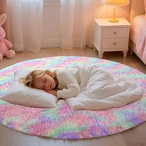 Rainbow Round Rug for Bedroom, 5Ft Fluffy Circle Area Rugs for Living Room, Shag Fuzzy Carpet for Kids Room, Nursery, Dorm, Classroom, Teen, Cute Baby Play Mat Home Decor Aesthetic