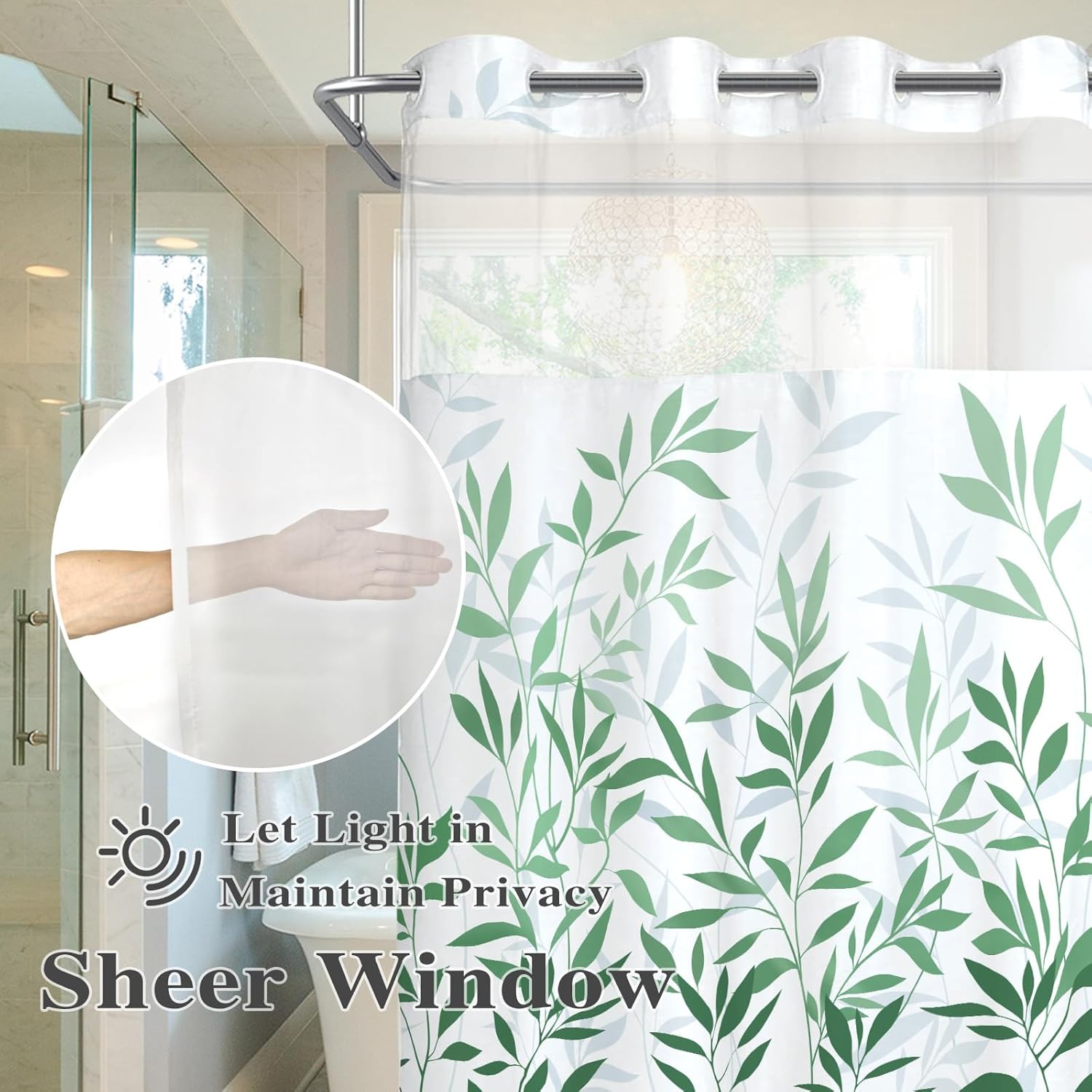 Hookless Shower Curtain for Bedroom Plant Leaves Shower Curtain Liner Waterproof Green and White Fabric Curtain Decor (Green)