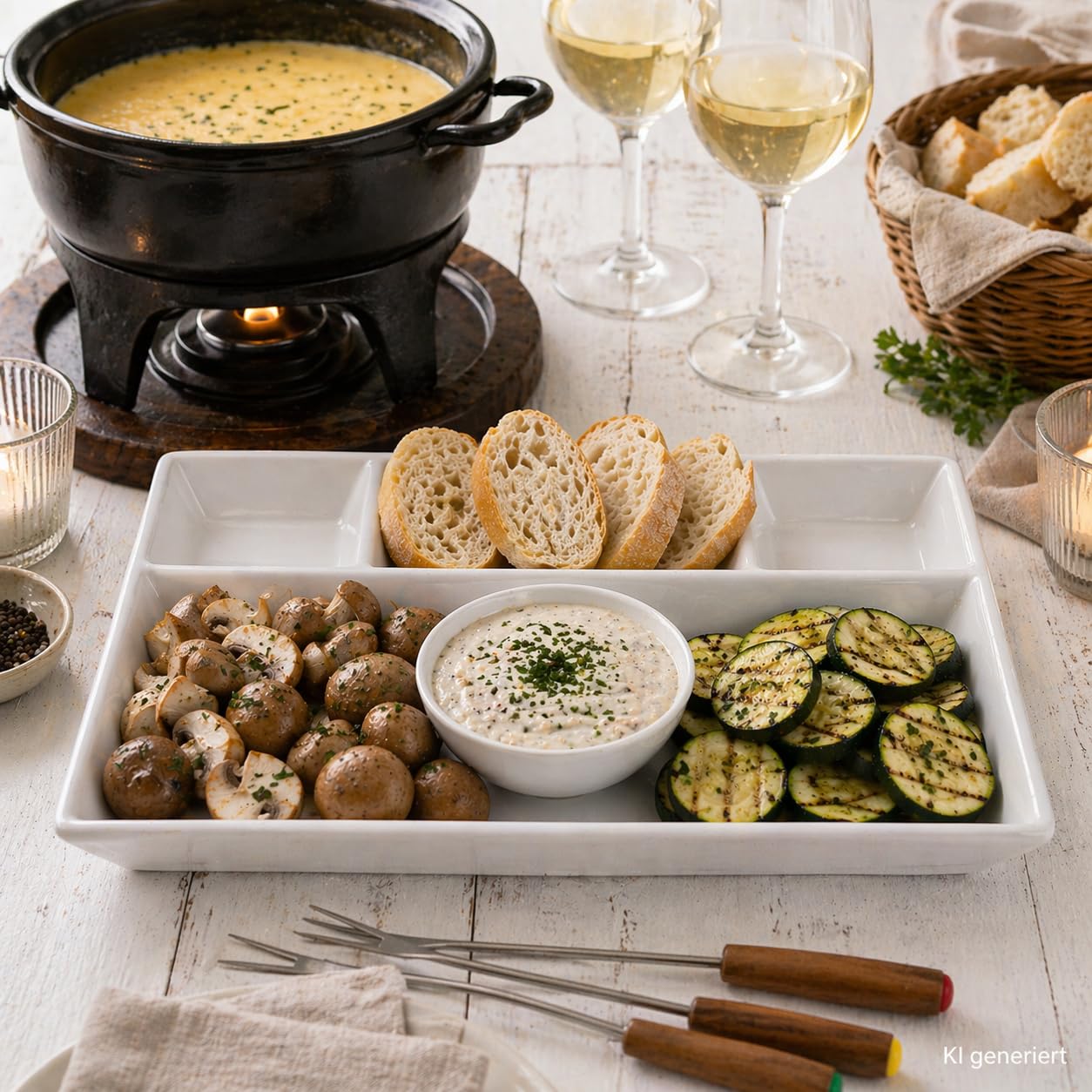 MamboCat Zestaw 6 talerzy do fondue, porcelana, biała, prostokątne, z 4 przegródkami, 23 x 18 cm, podzielone talerze na fondue, raclette, przekąski i dodatki