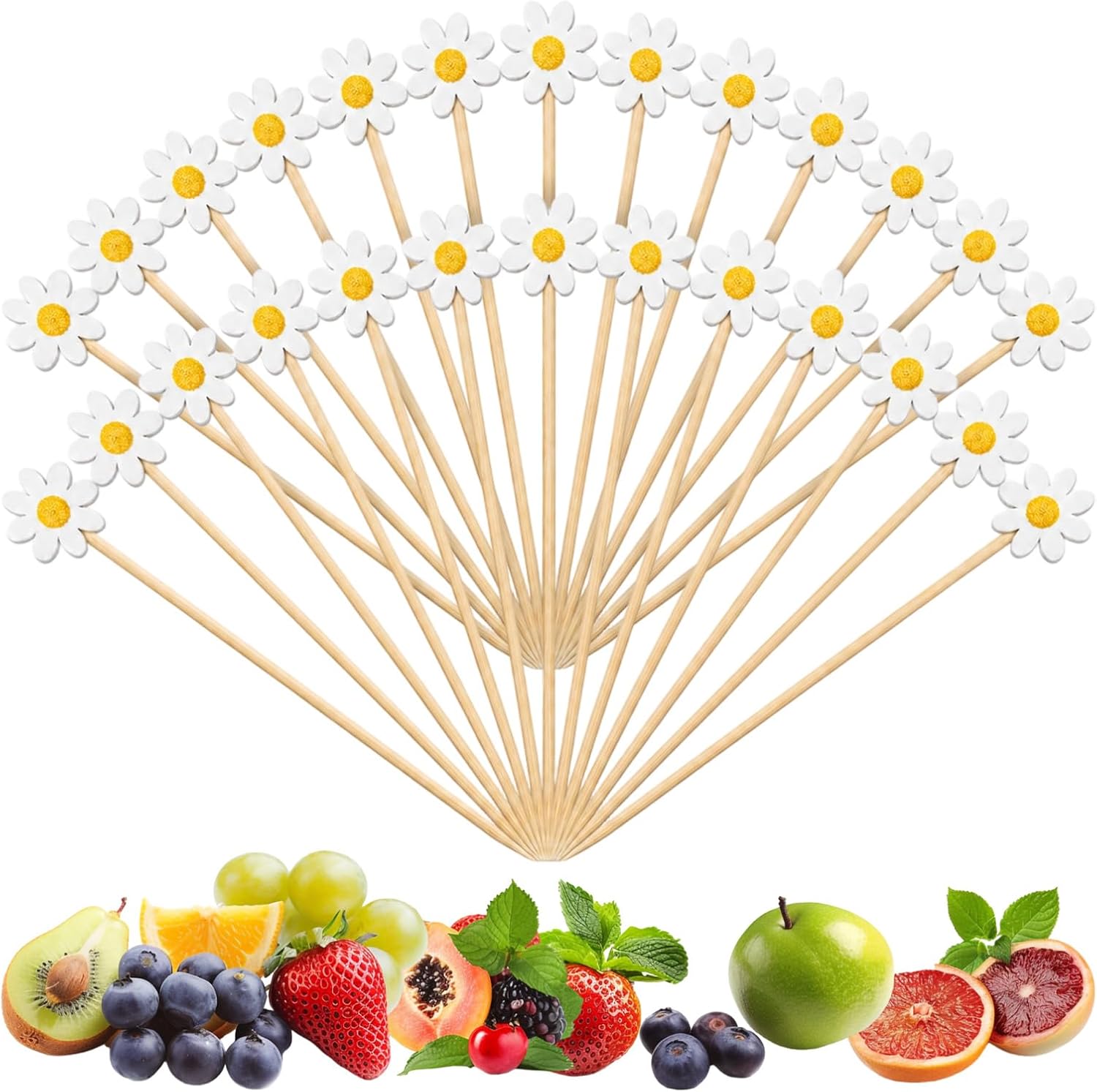 50Pcs Daisy Cocktail Picks 4.7 Inch Flower Cocktail Toothpicks Bamboo Daisy Fruit Skewers Decorative Toothpicks Food Sticks for Sandwich Drinks Floral Party Decorations Charcuterie Accessories