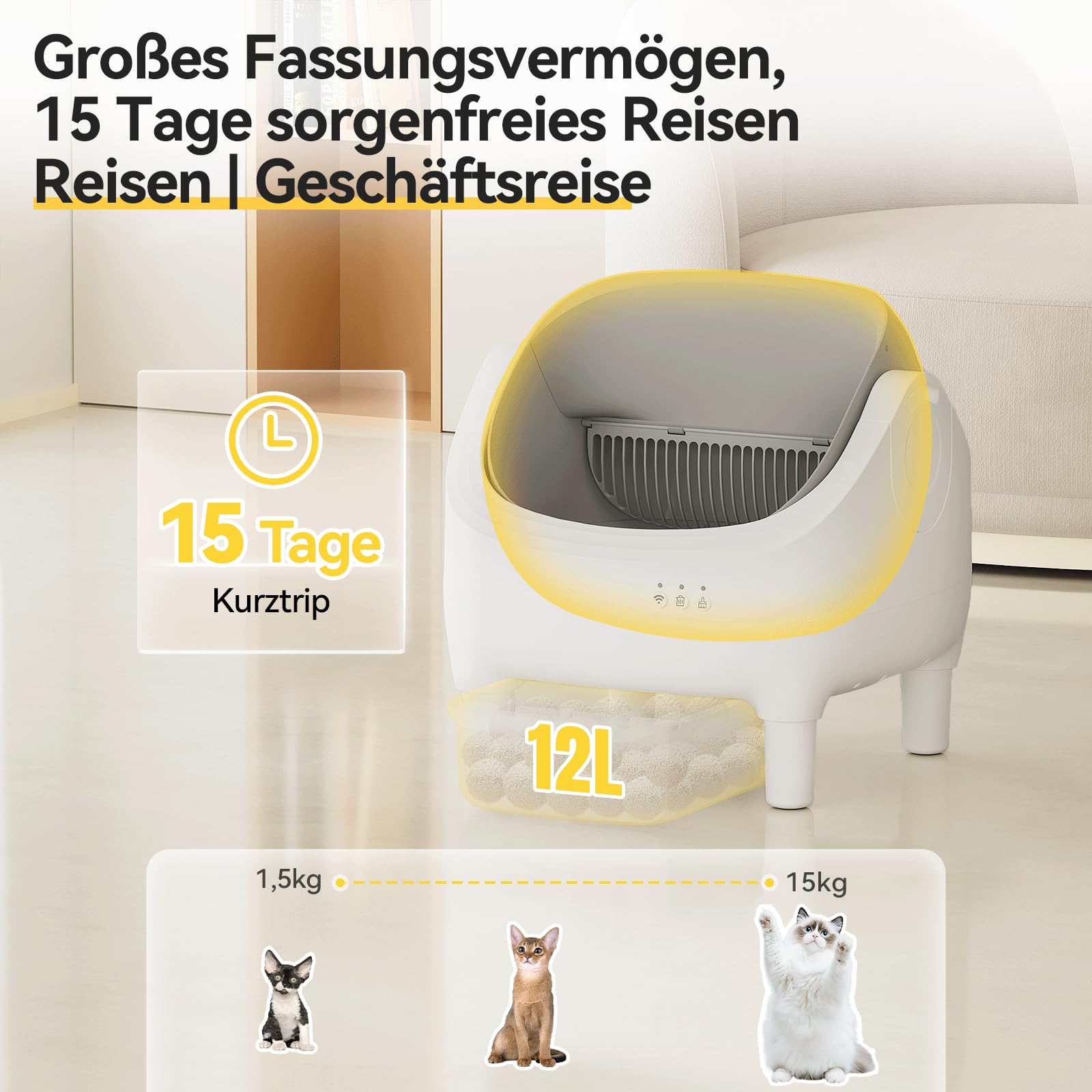 JUMMICO Selbstreiniger Katzenmüllkasten, Top Open Design, XXL Müllschalen für 15 kg Katzen, App Control, 12L 15 Tage dauerhafter Gebrauch, elektrische automatische Müllkasten für Multi Cat