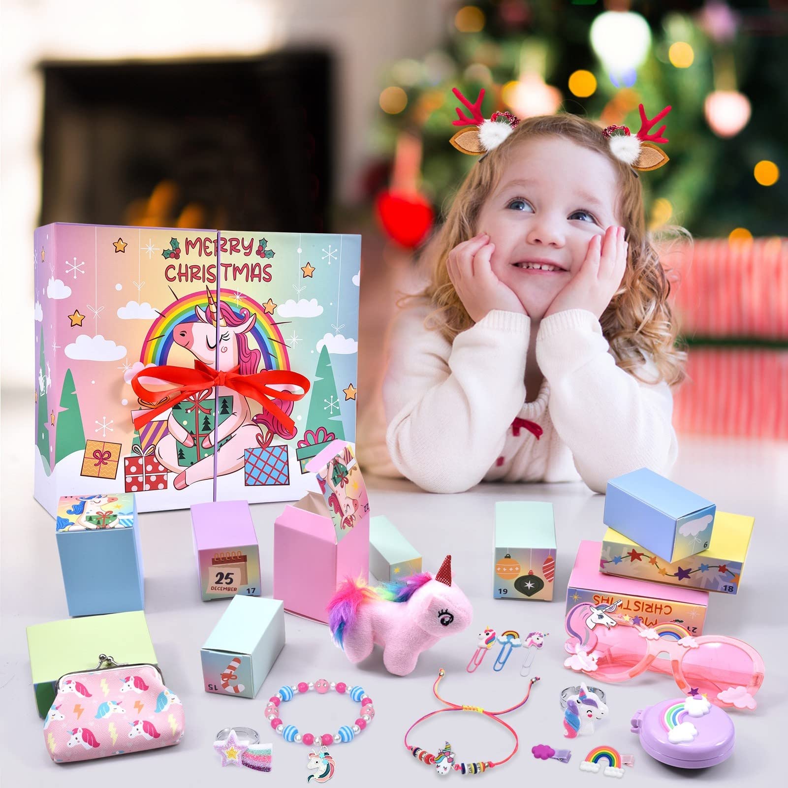Adventskalender 2025 Kinder Mädchen Weihnachten Countdown Kalender Mädchen Einhorn Schmuck Ohrringe Halskette Armband Ring Brille Haarclips Weihnachten Adventskalender Geschenk für Kinder Mädchen