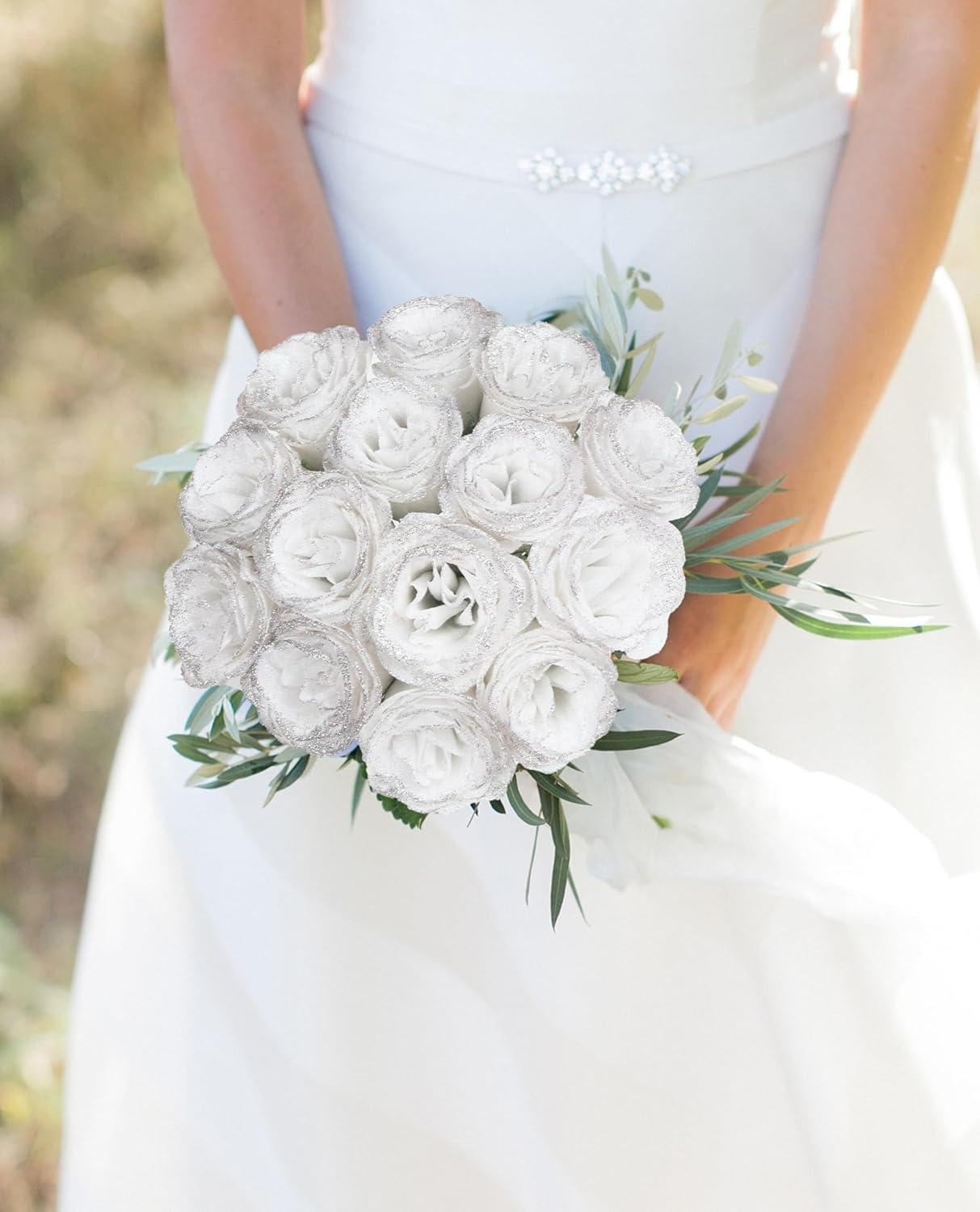 Fake Roses,30PCS White Glitter Flowers Bouquet Artificial Roses with Stems for Wedding Party Christmas Home Decor(White with Silver Glitter) - Image 2