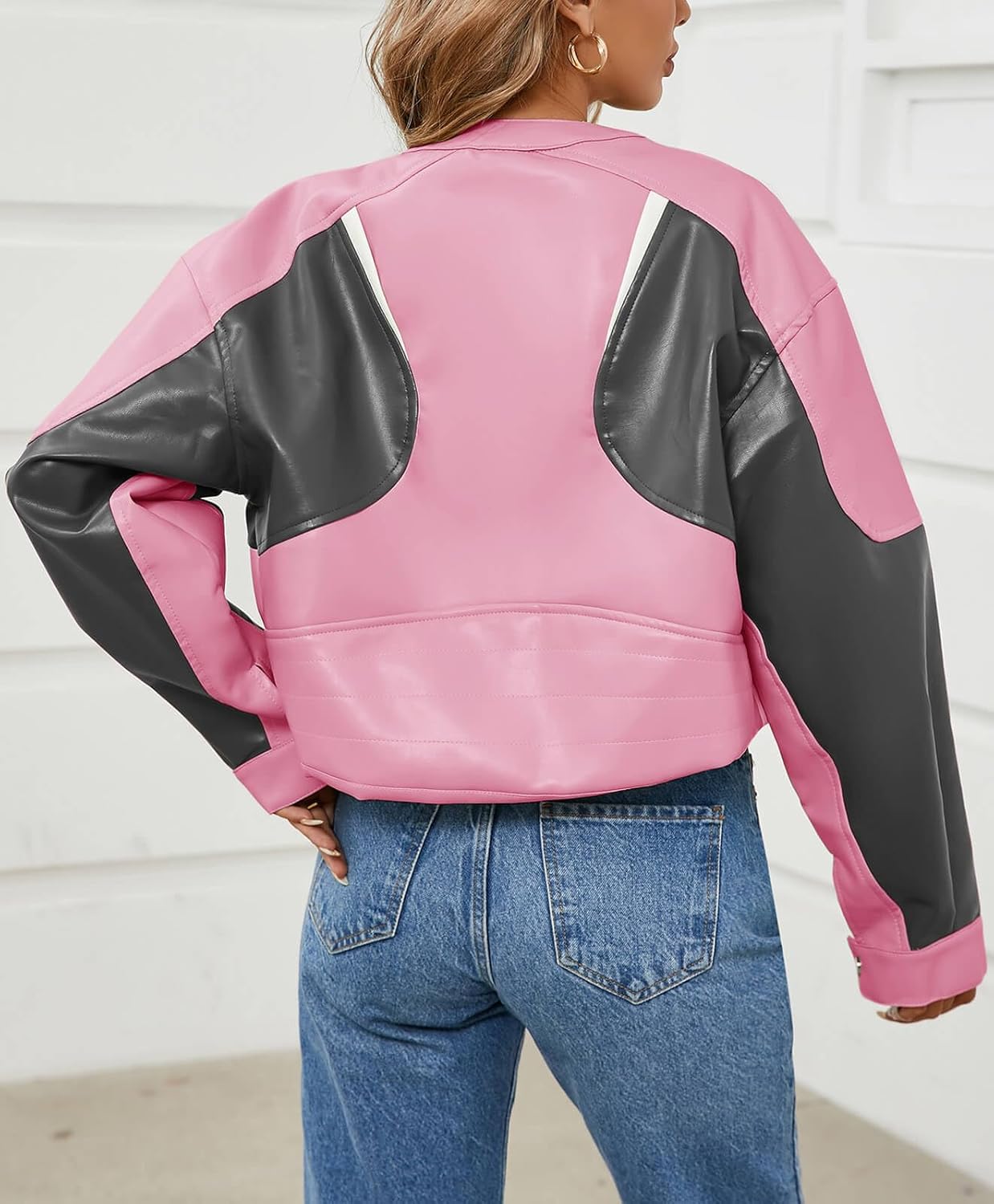 Tankaneo Womens Faux Leather Bomber Jackets Cropped Zip Up Color Block Fall Casual Moto Biker Coats - Image 5