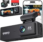 4K 3 Canal Dash Cam Avant et Arrière à l'intérieur, 3.2" Caméra écran Dash pour voitures 4K+2,5K+180P, 4 IR Vision nocturne, WiFi APP Contrôle, capteur G, 24H Mode de stationnement, Inclut 64GB SD Carte