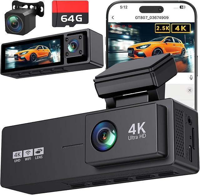 4K 3 Canal Dash Cam Avant et Arrière à l'intérieur, 3.2" Caméra écran Dash pour voitures 4K+2,5K+180P, 4 IR Vision nocturne, WiFi APP Contrôle, capteur G, 24H Mode de stationnement, Inclut 64GB SD Carte