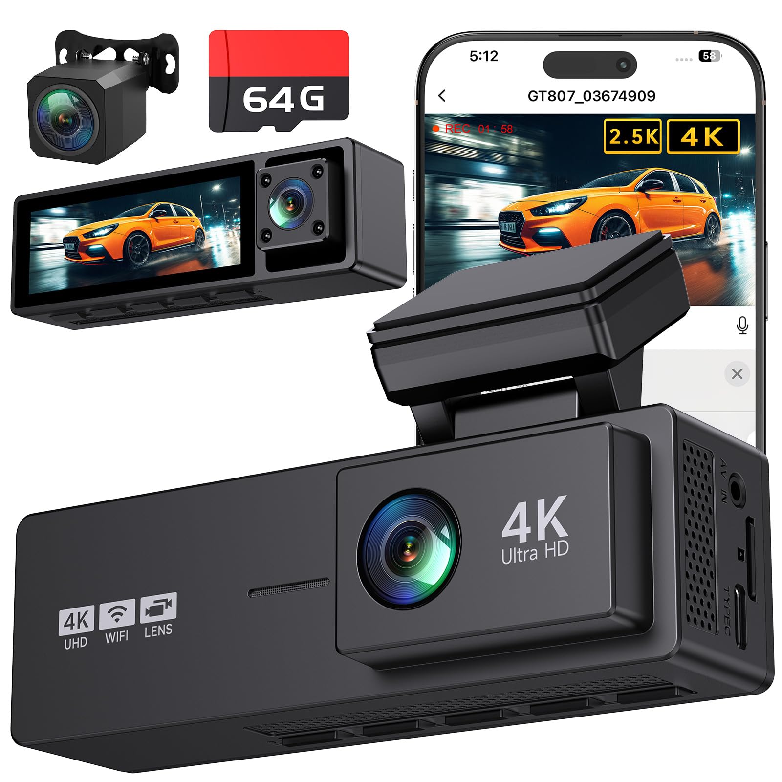4K 3 Channel Dash Cam Front and Rear Inside, 3.2" Screen Dash Camera for Cars 4K+2.5K+1080P, 4 IR Night Vision, WiFi APP Control, G-Sensor, 24H Parking Mode, Includes 64GB SD Card