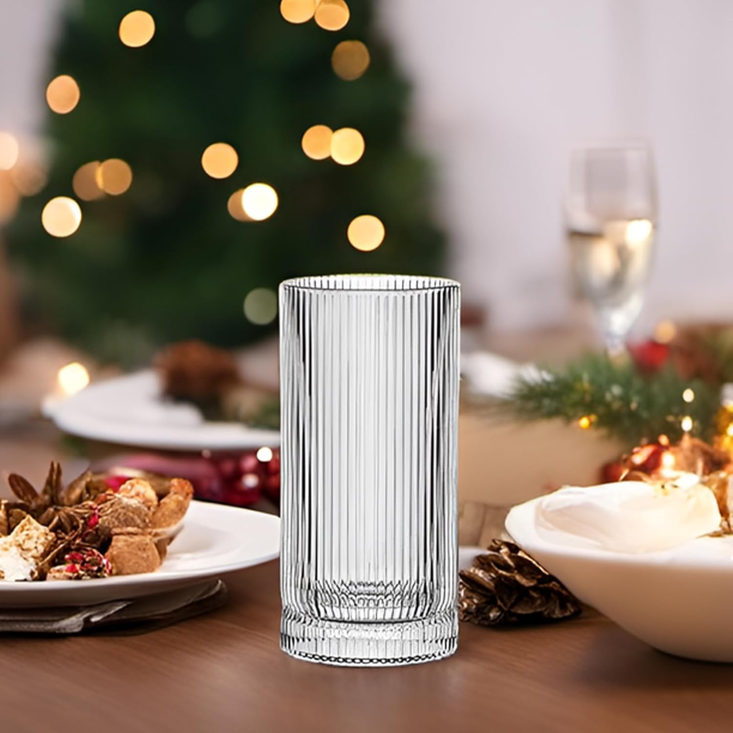 16 oz Tall Ribbed Drinking Glasses, Set of 4 - Vintage Highball Tumblers for Cocktails and Coffee (Set of 4)