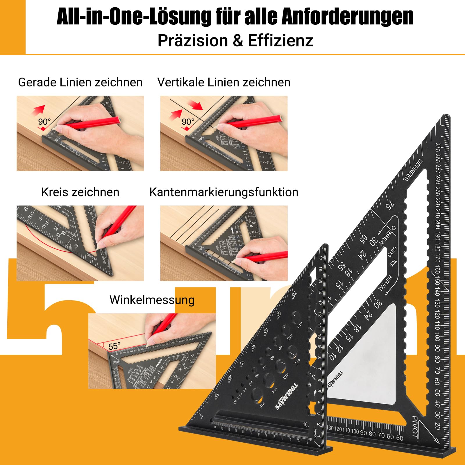 Zimmermannswinkel Set 300mm und 180mm, Präzises Winkelmesser mit abwischbare Notizzone, 45 und 90 Grad Aluminiumwinkel zum präzisen Zeichnen, Messen und Prüfen