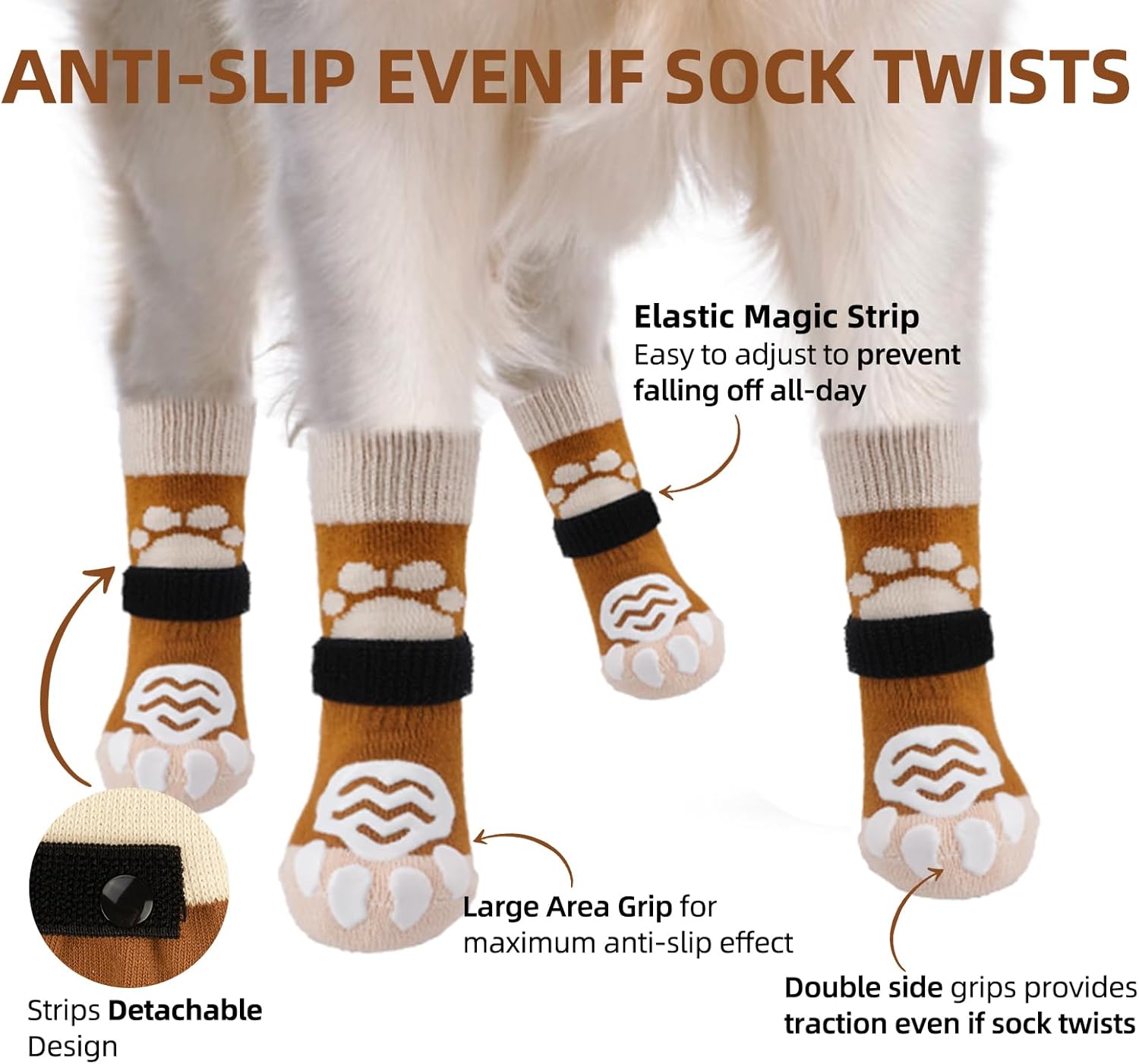 pupteck anti slip dog socks 2 pairs with double grippers for hardwood floors, shoes for hot/cold pavement, boots & paws protectors to prevent licking, traction booties for senior small large dogs medium(2 pair) brown(paw print)