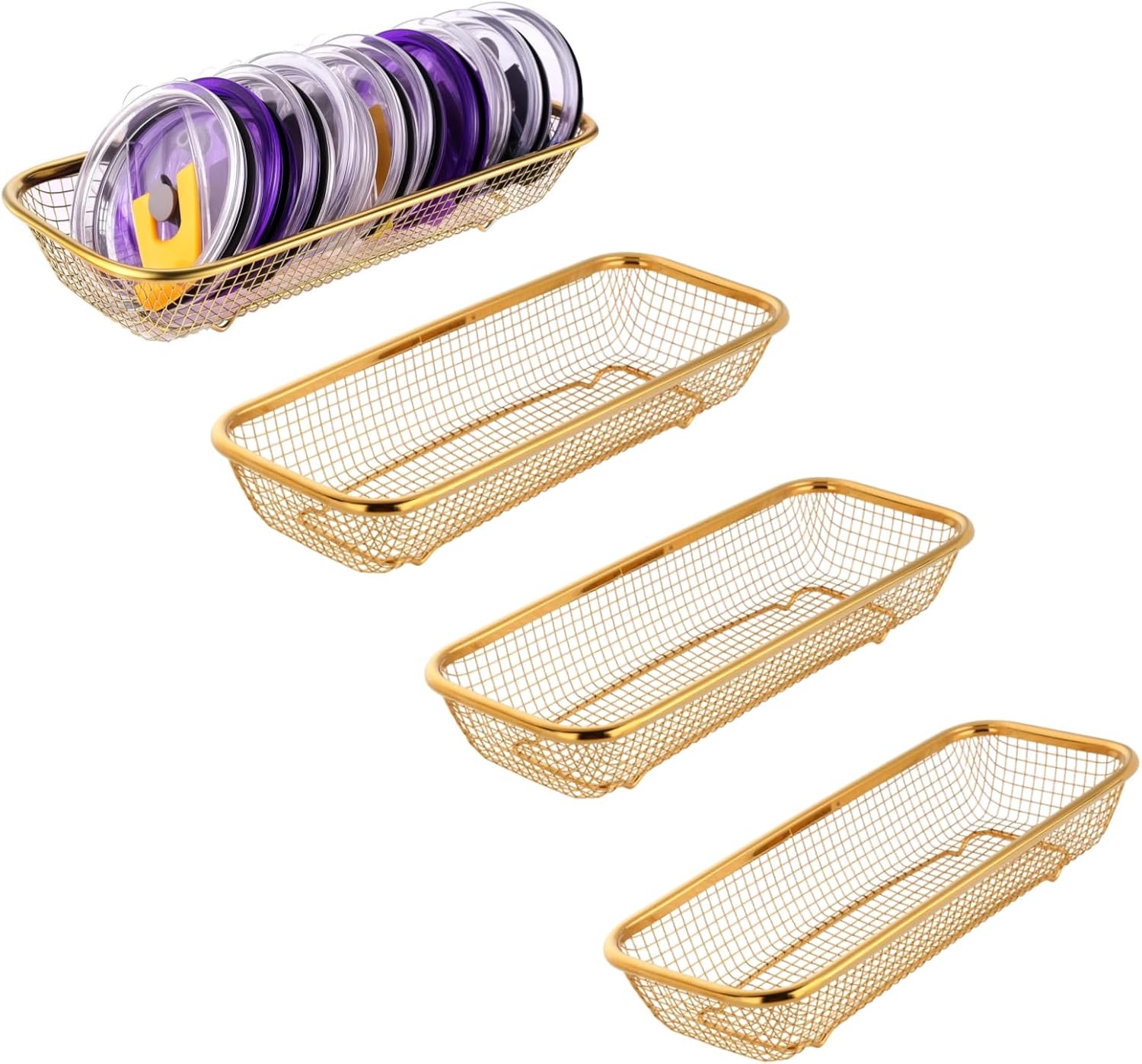 4Pack Stainless Steel Tumbler Cup Lid Organizer Inside Cabinet, Mason Jar Lid Holder, Rectangular Basket for Storage of Silverware, Chopsticks, straws and Utensils, Gold