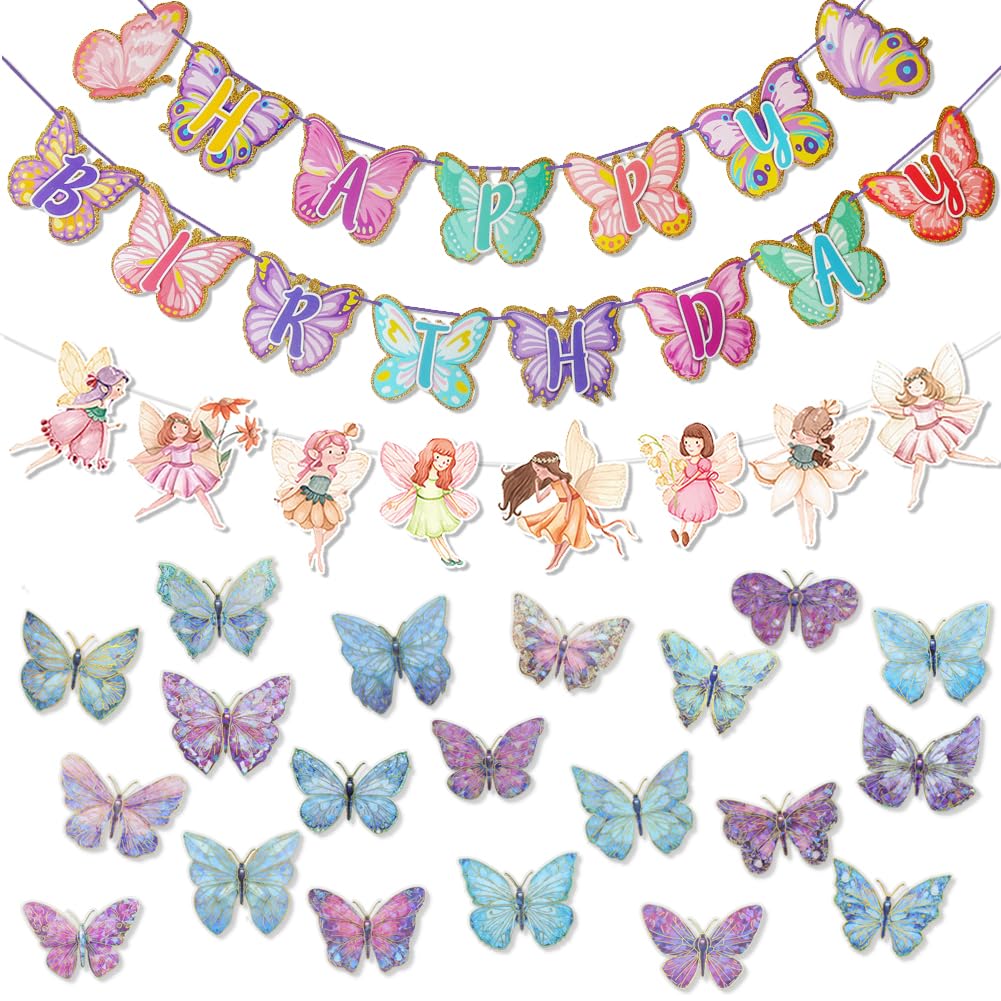 Butterfly Birthday Party Decoration,Happy Birthday Glitter Bunting Banner Butterfly Elf Girl Hanging Banner Garland Sign Flag Holographic Wall Sticker for Girl Women Princess Birthdays Party