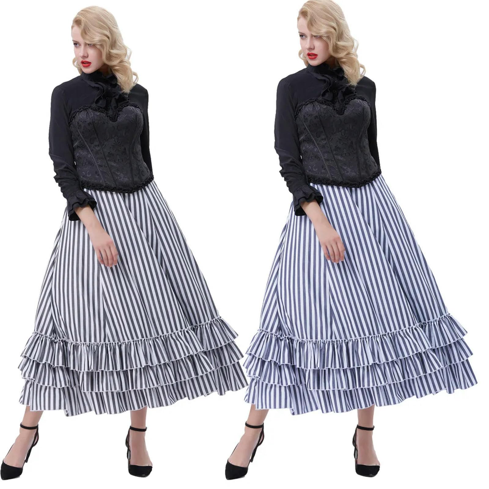 Gonna Stile Gotico Lunga Festa Club Steampunk Design con Volant Increspato Strisce Bianche e Nere Trambusto Gonne da Donna-Nero Bianco-XXXL