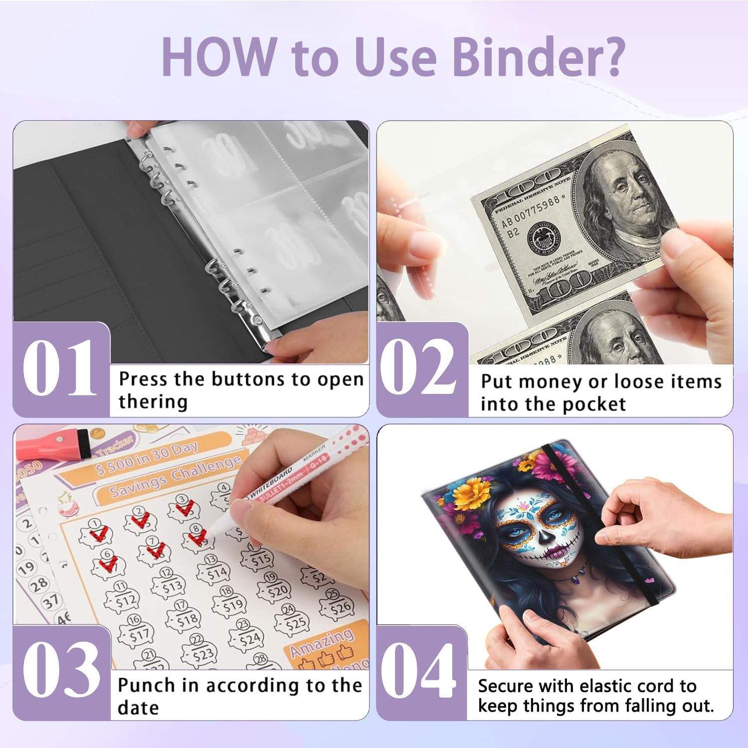 100 Envelopes Money Saving Challenge Binder,A5 Budget Binder with 25 pcs Cash Envelopes,3 pcs Reusable Laminated Trackers Saving $5050,$10000, Money Organizer,Mexican Day of The Colorful Flower Girl