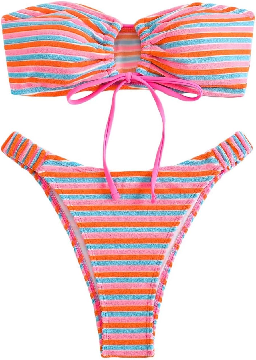 Women's Striped Printed Bandeau Bathing Suit High Waisted Swimsuit Bikini Set