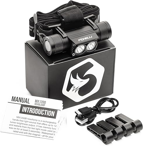 Miniatura 9 de Foxelli Linterna frontal recargable ultra brillante, batería 18650, IPX7 impermeable, luz LED de 1200 lúmenes para trabajo y exteriores, con batería