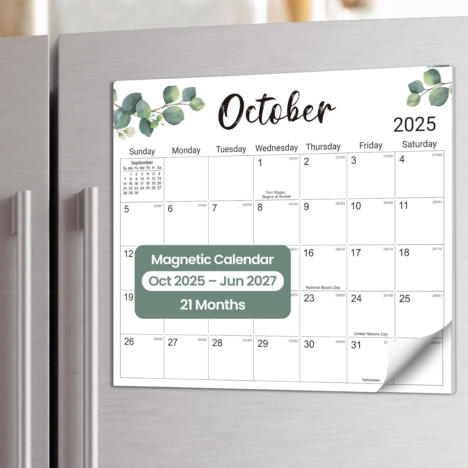 Aesthetic 2025-2026 Magnetic Calendar for Refrigerator, 21-Month Fridge Calendar Magnet from October 2025 to June 2027, Greenery Design for Easy Organizing