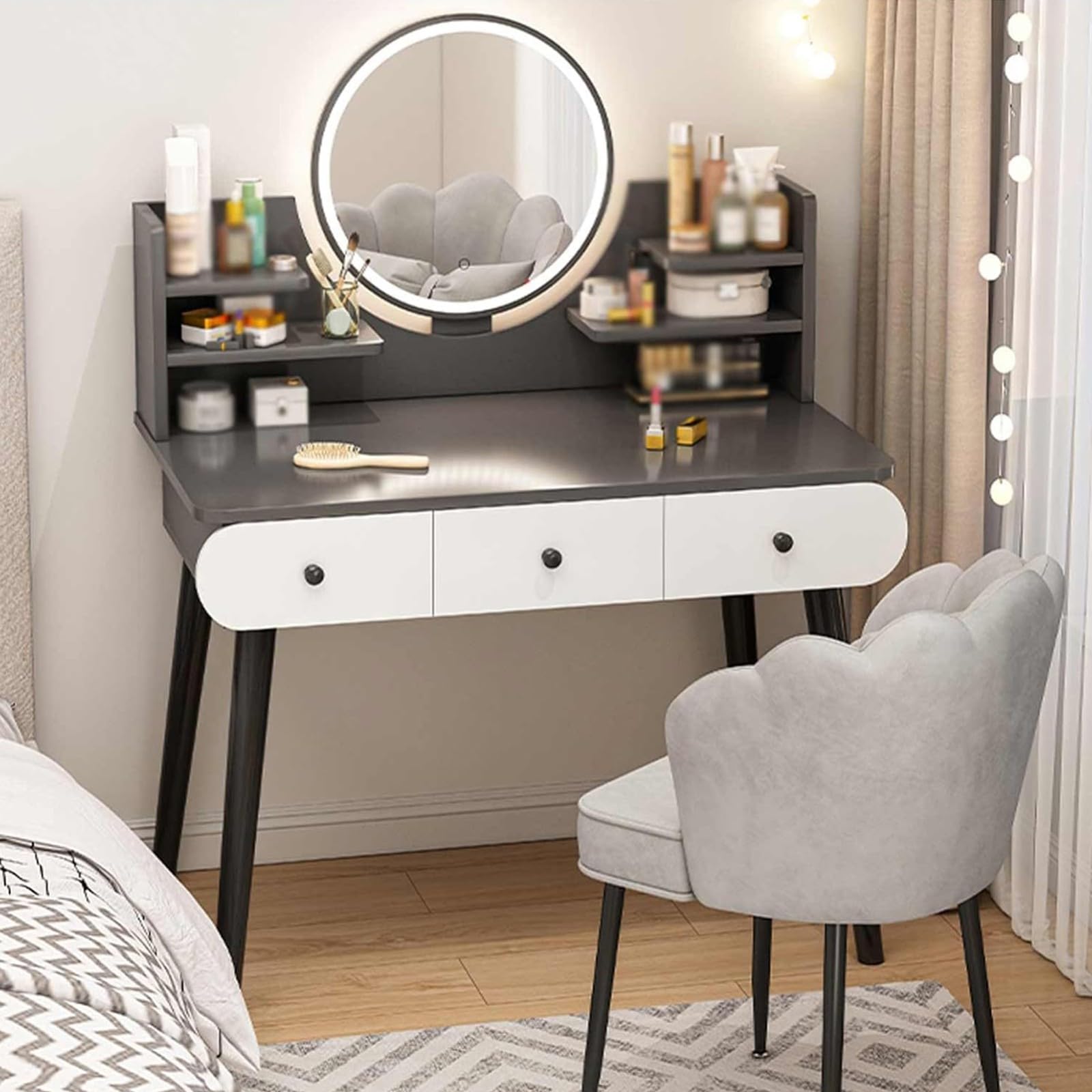 Tocador con espejo LED regulable y escritorio de maquillaje moderno en madera maciza con relieve 3D suave