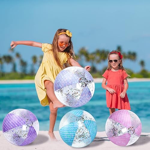 Miniatura 5 de 4 piezas de bola de playa de sirena de 12 pulgadas, bola de playa inflable gigante con purpurina, bola de playa con purpurina, regalos de fiesta de