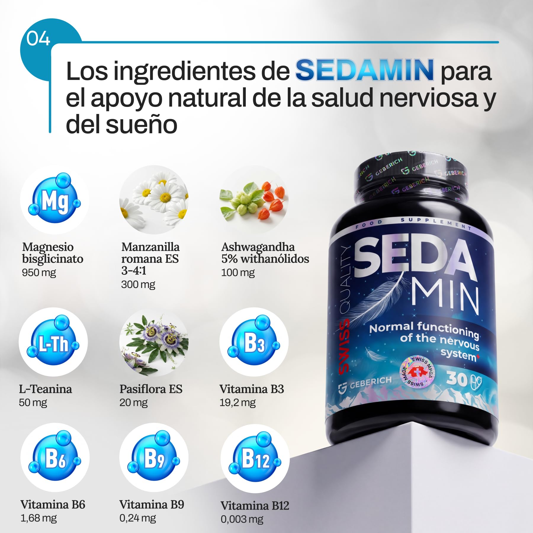 Cápsulas SEDAMIN | Apoyo de la relajación mental y un Sueño de Calidad | con Ashwagandha, Pasiflora, Glicinato de magnesio y Vitaminas del Complejo B | 30 cápsulas