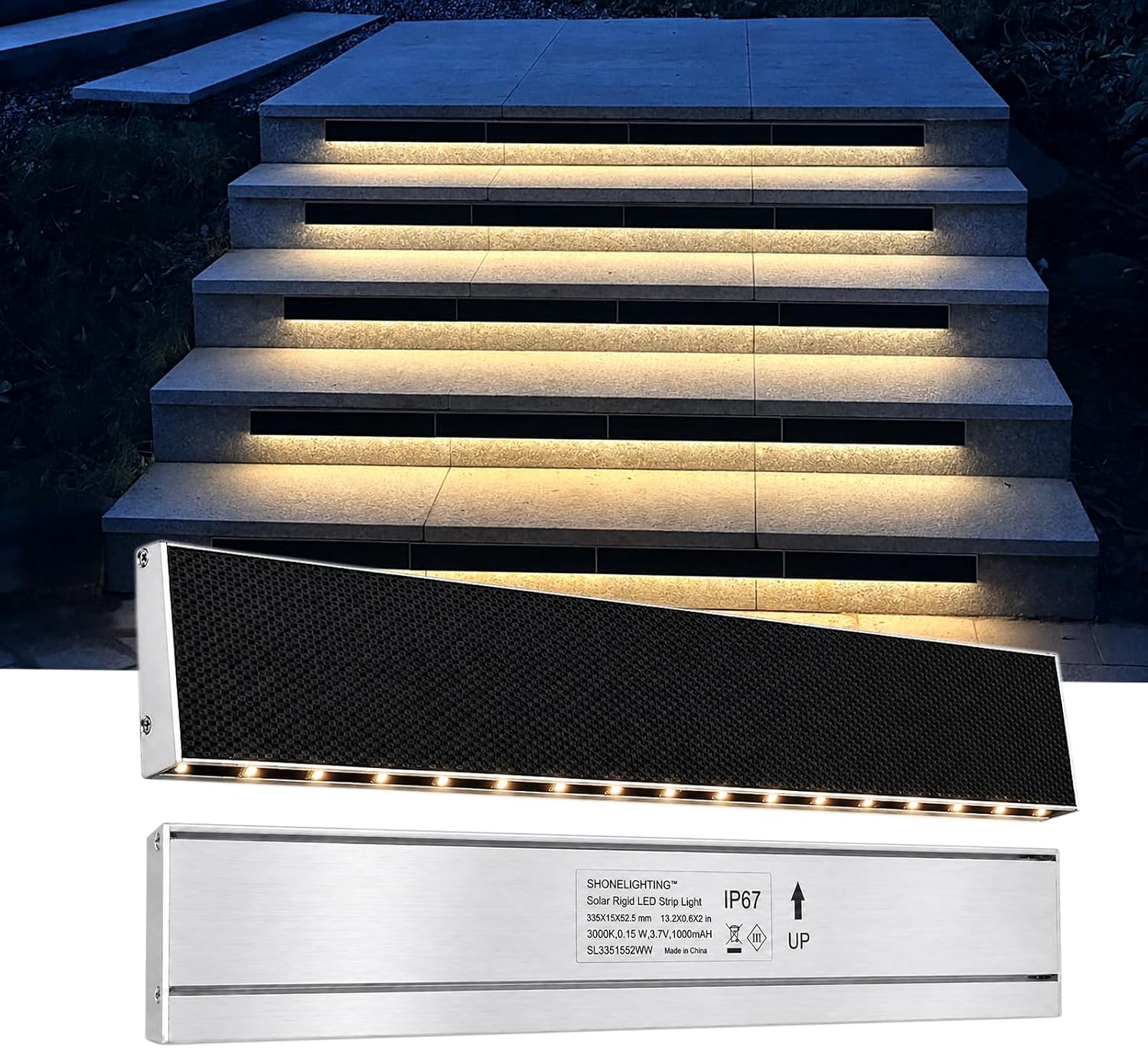 SHONELIGHTING Solar LED Strip Lights Outdoor, Rigid Modular Stair Light 2pk