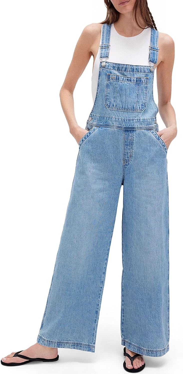 PEIHOT Women's Casual Wide Leg Denim Overalls Loose Fit Jean Jumpsuits Adjustable Strap Bib Romper Fall