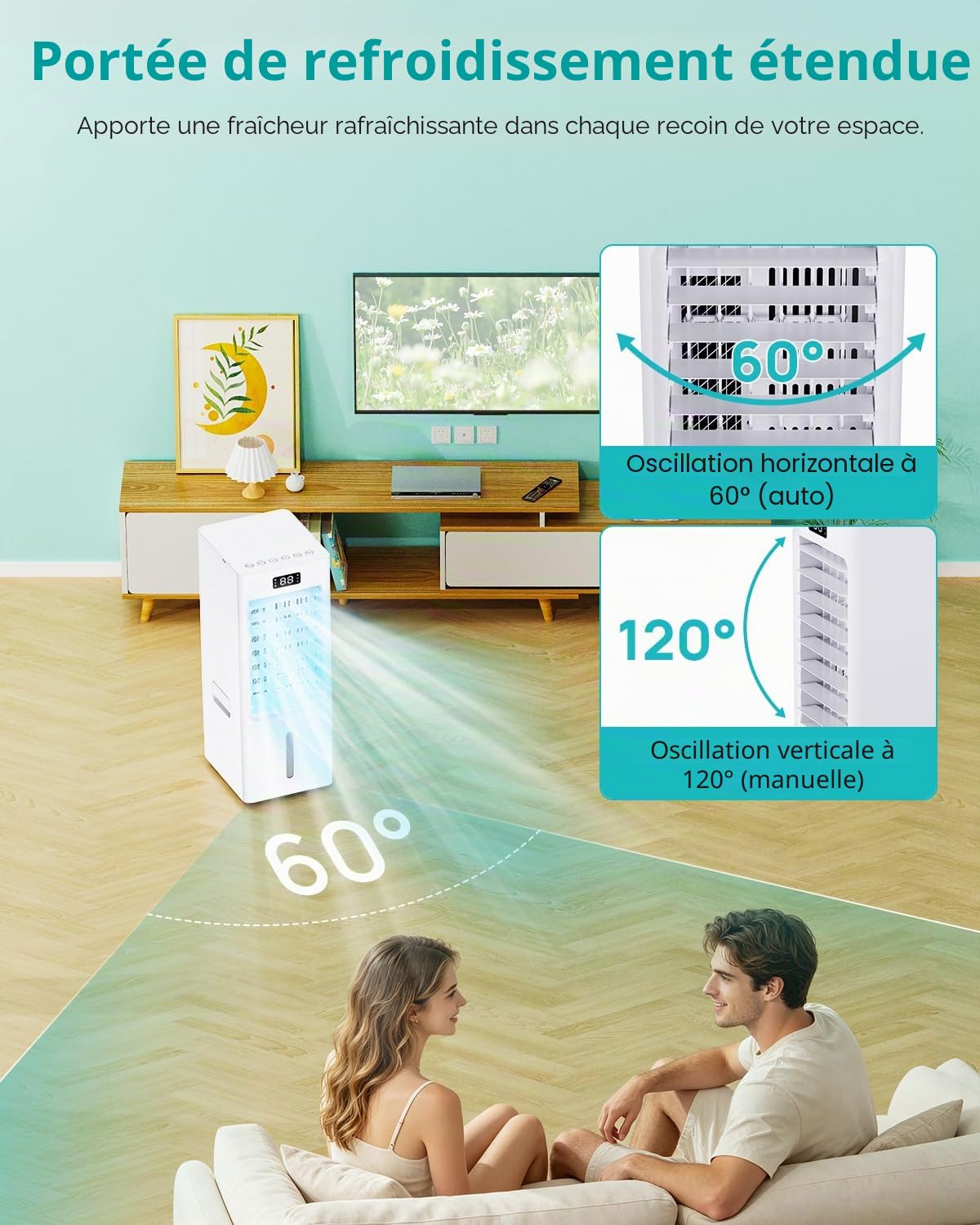 Climatiseur Mobile 4 en 1, Rafraîchisseur d'Air avec Réservoir 6L, 3 Vitesses 4 Modes, Minuterie 1-12H, 3 Vitesses 4 Modes, 4 Pack Glacons, Télécommande Incluse, pour Chambre, Salon, Bureau et Maison